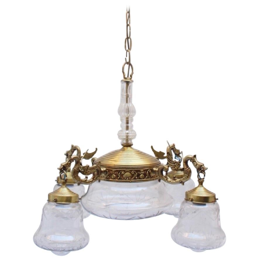 Midcentury Brass and Glass Five Lights Dragon Chandelier, 1950s For Sale