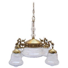 Midcentury Brass and Glass Five Lights Dragon Chandelier, 1950s