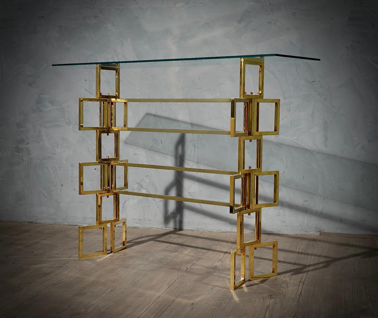 MidCentury Brass and Glass Italian Console Table, 1980 5