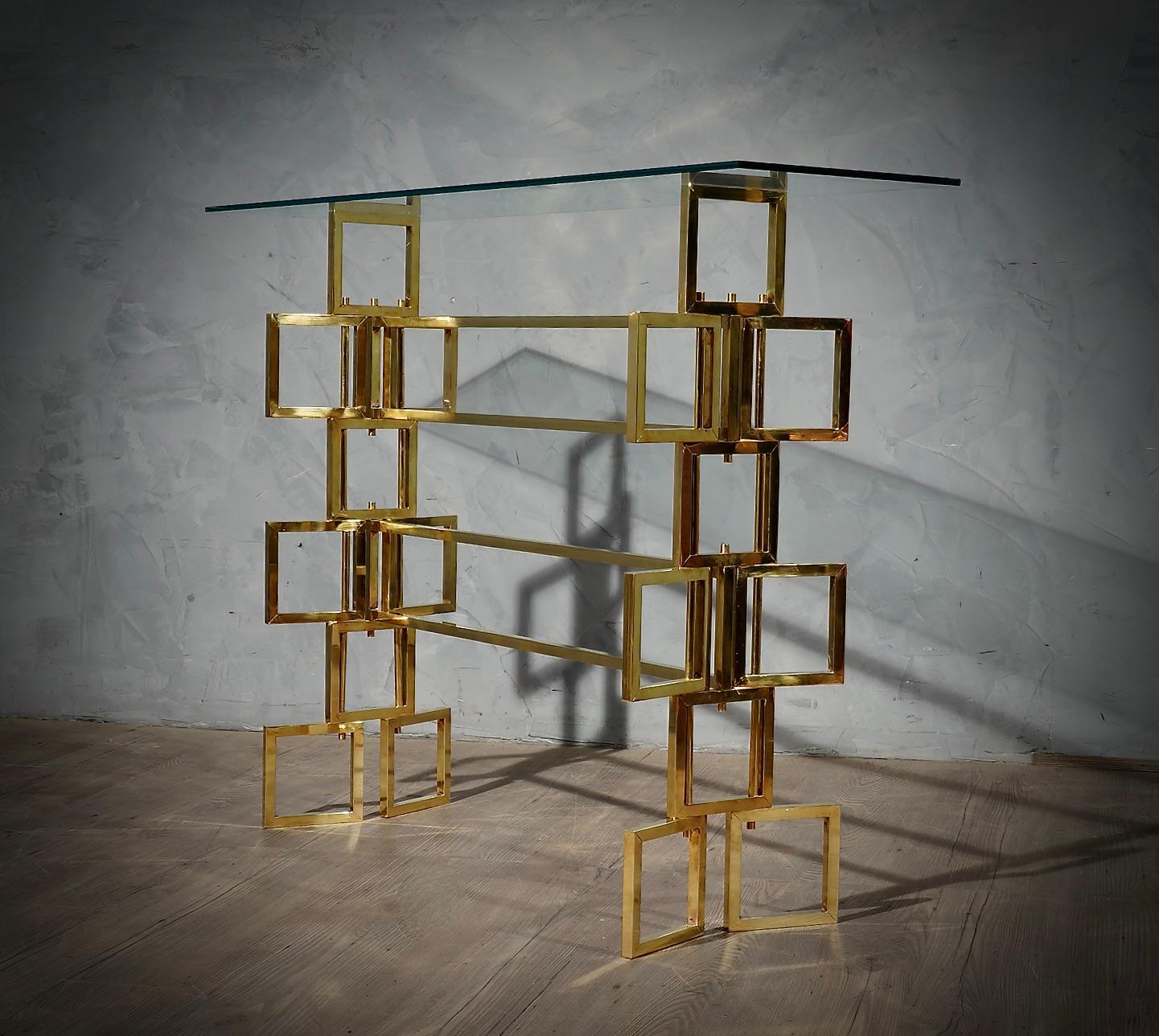 MidCentury Brass and Glass Italian Console Table, 1980 6