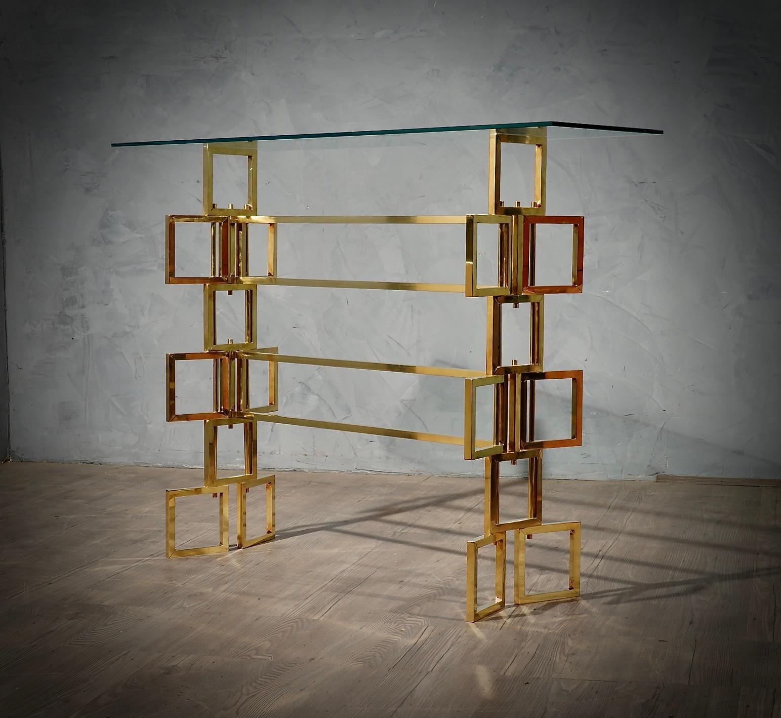 MidCentury Brass and Glass Italian Console Table, 1980 1