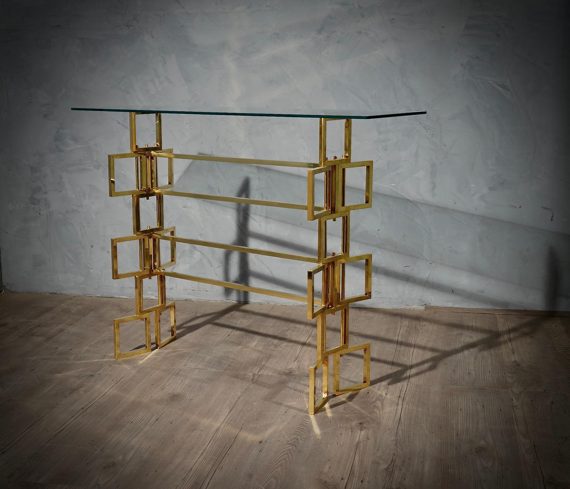MidCentury Brass and Glass Italian Console Table, 1980 For Sale 3