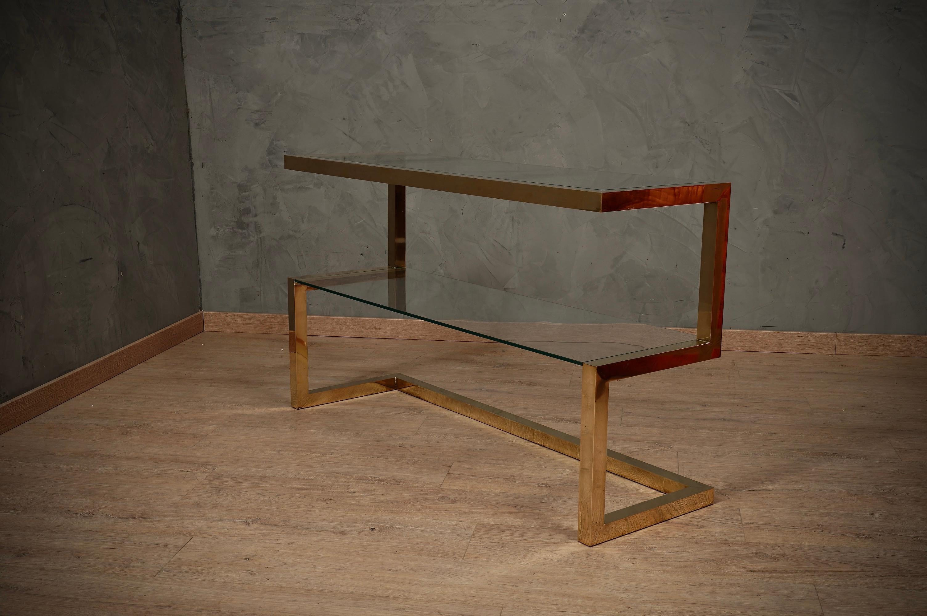 Late 20th Century MidCentury Brass and Glass Italian Sofa Console Table, 1970 For Sale