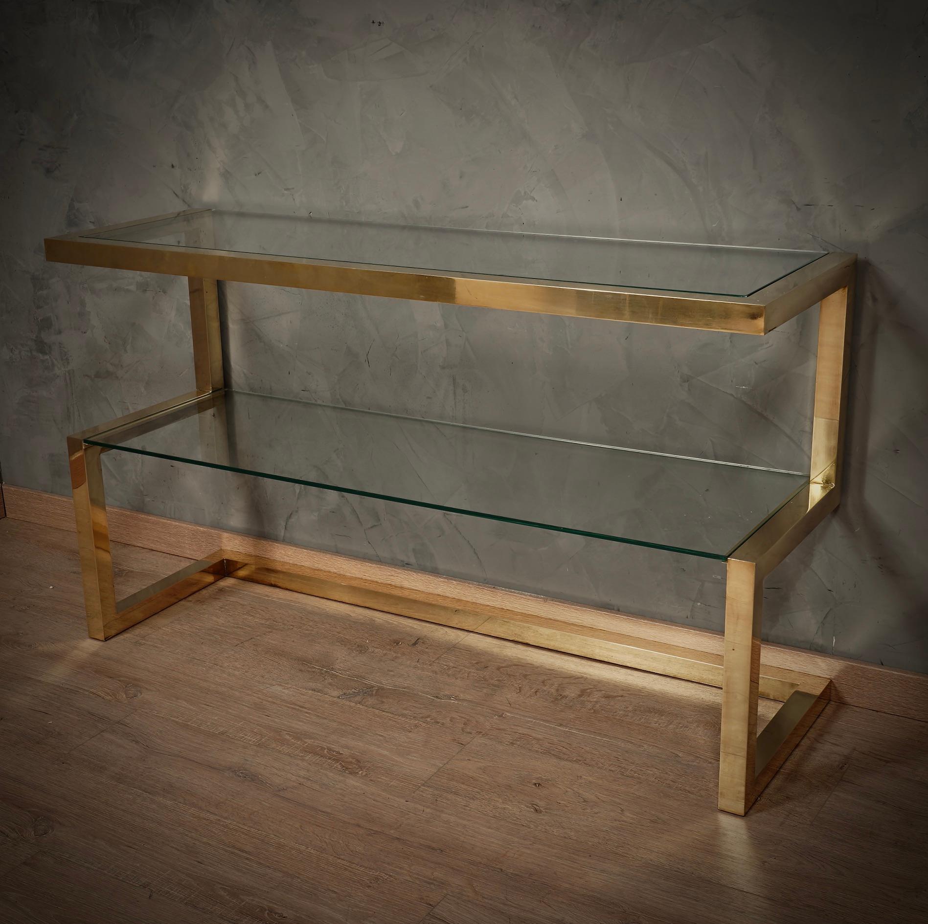 MidCentury Brass and Glass Italian Sofa Console Table, 1970 For Sale 1