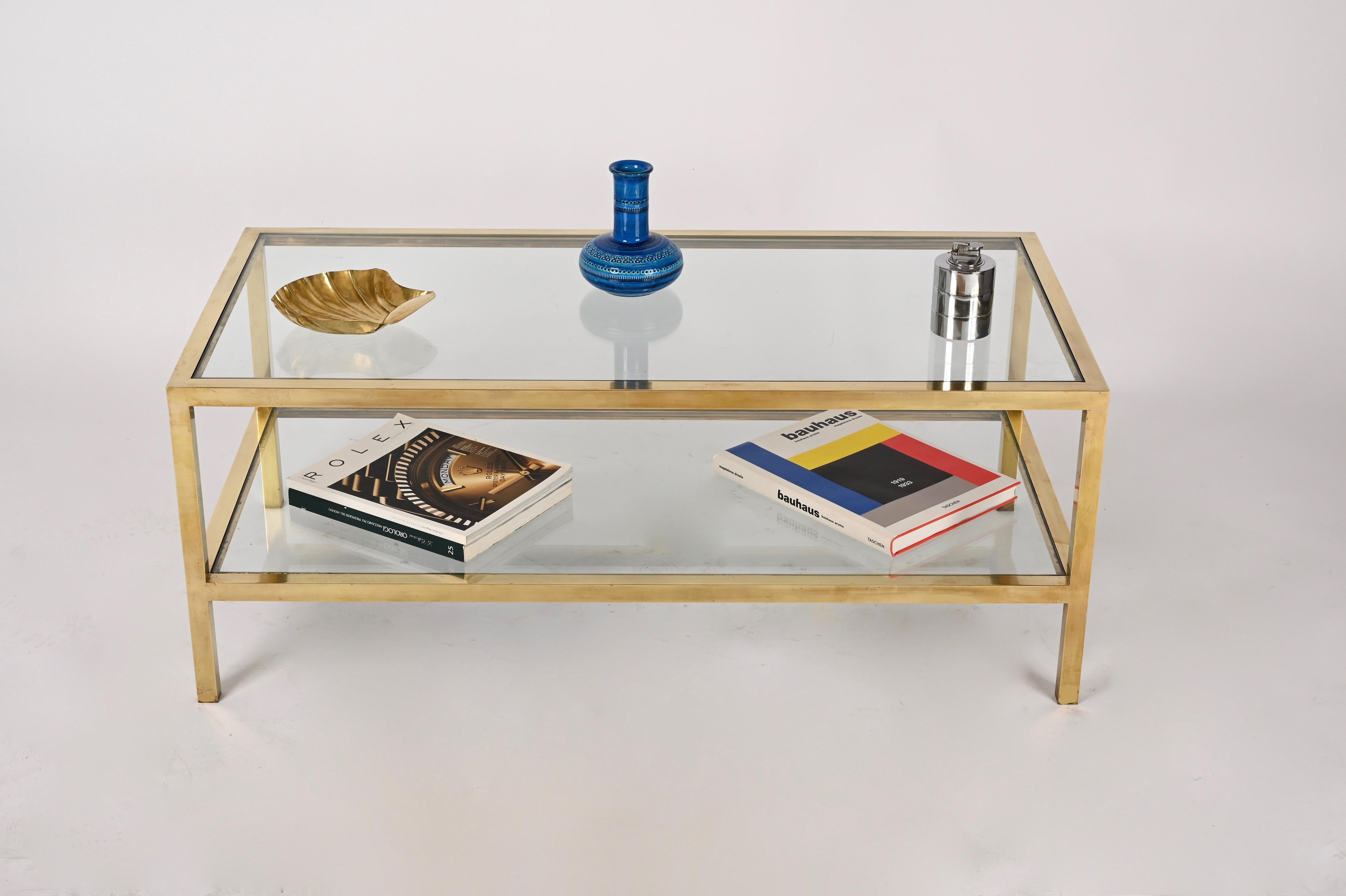 MidCentury Brass and Glass Italian Double-Tiered Rectangular Coffee Table, 1970s 5