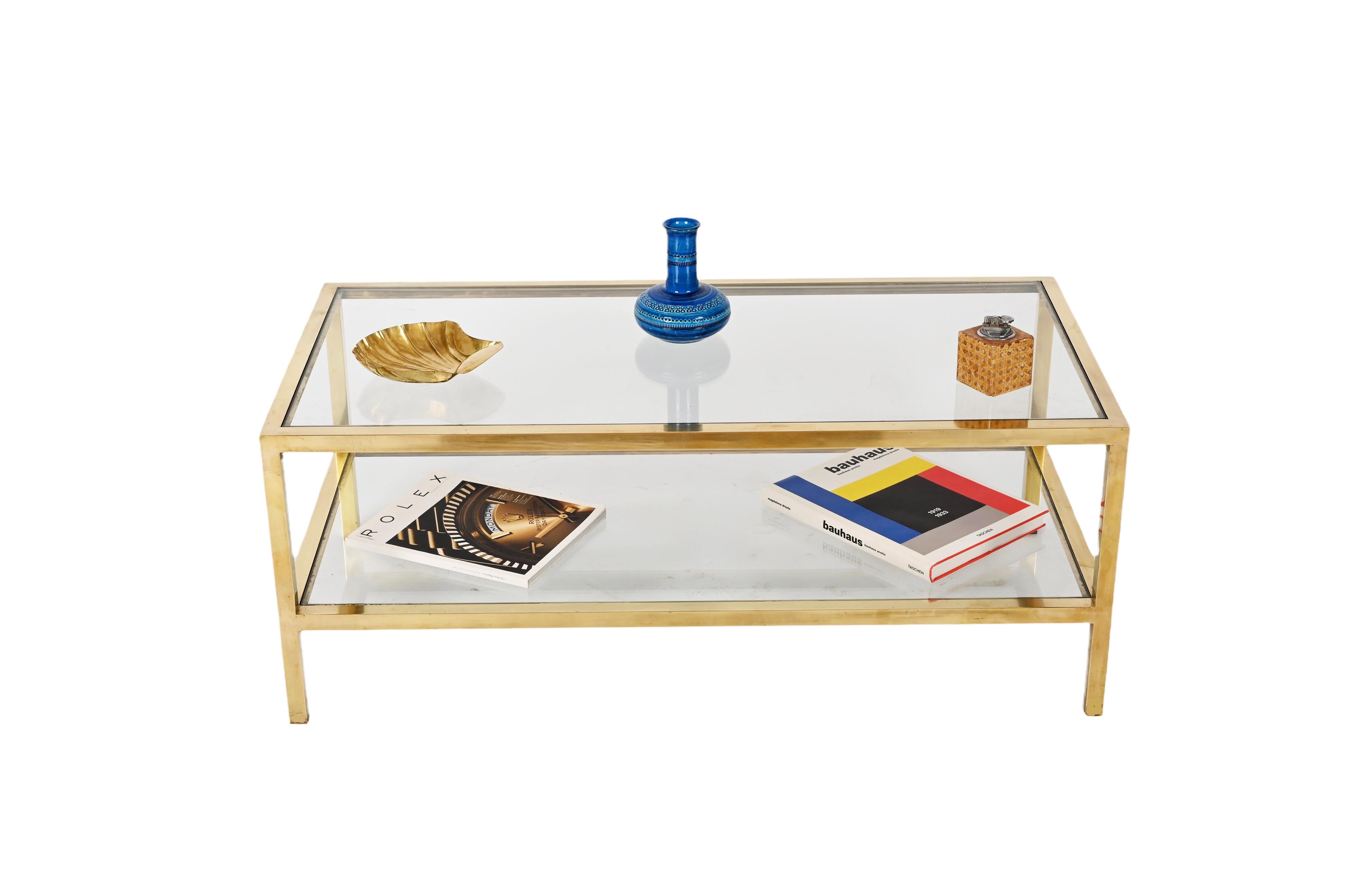 MidCentury Brass and Glass Italian Double-Tiered Rectangular Coffee Table, 1970s 6