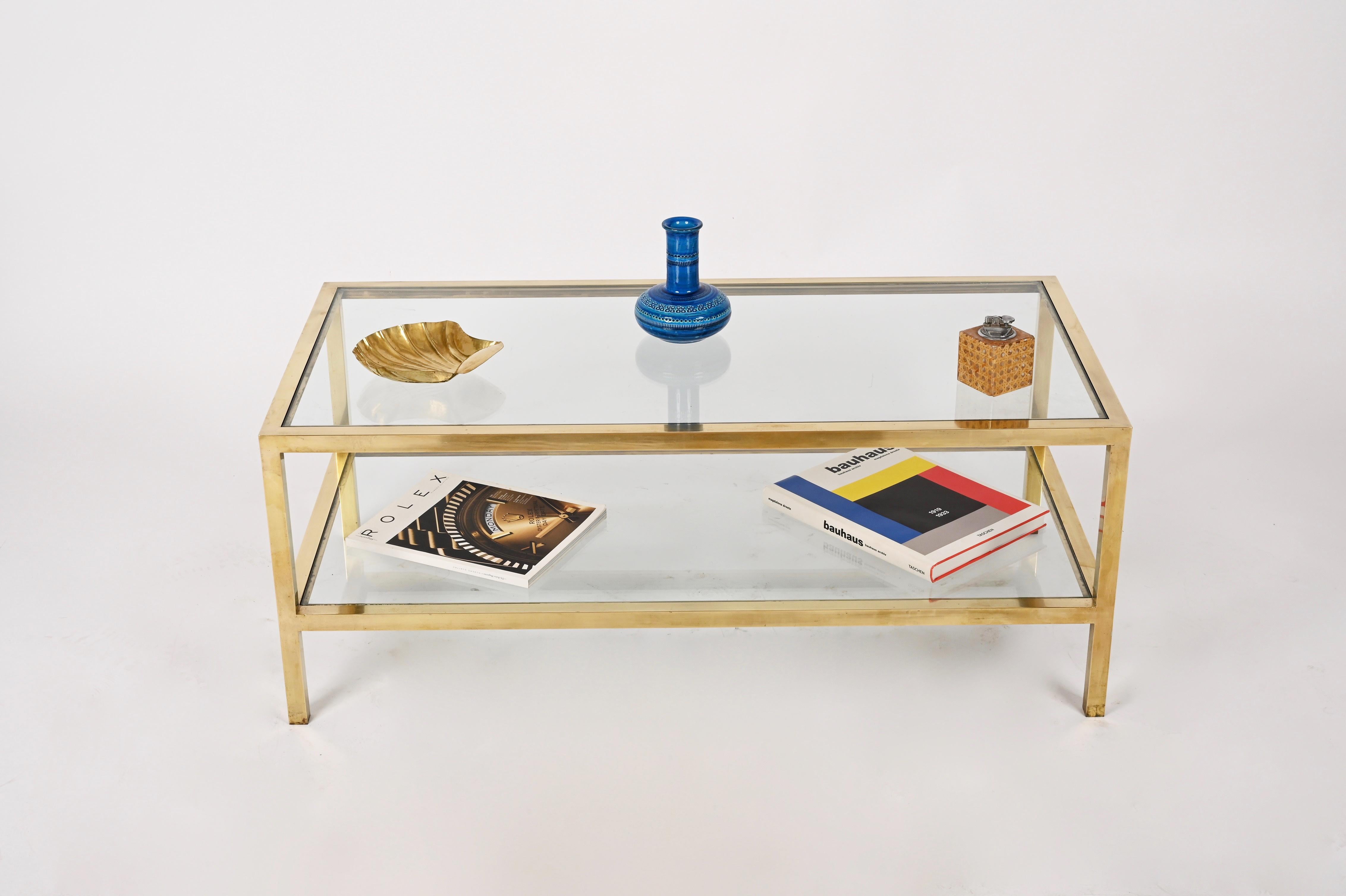 MidCentury Brass and Glass Italian Double-Tiered Rectangular Coffee Table, 1970s 7