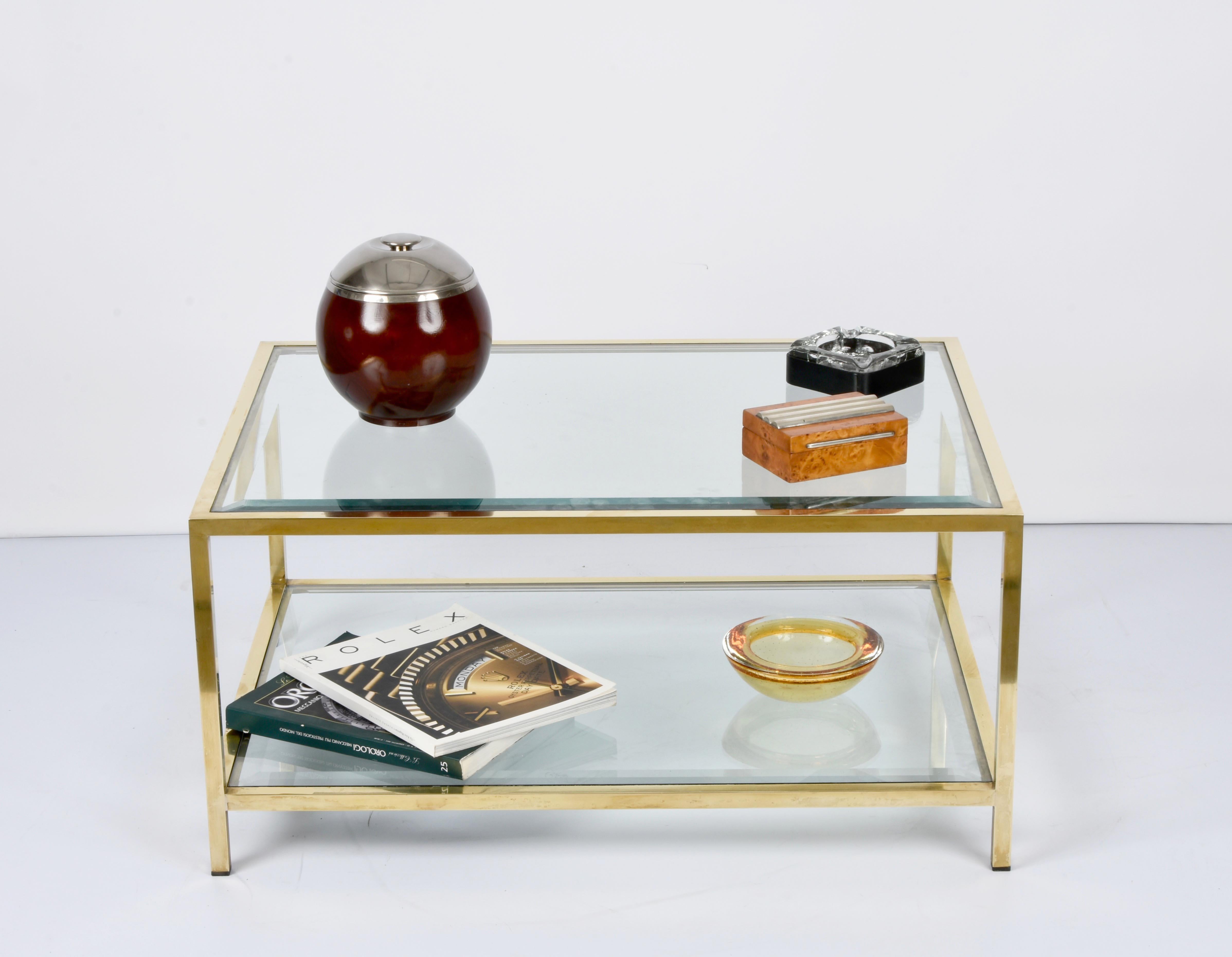 MidCentury Brass and Glass Italian Double-Tiered Rectangular Coffee Table, 1970s For Sale 8