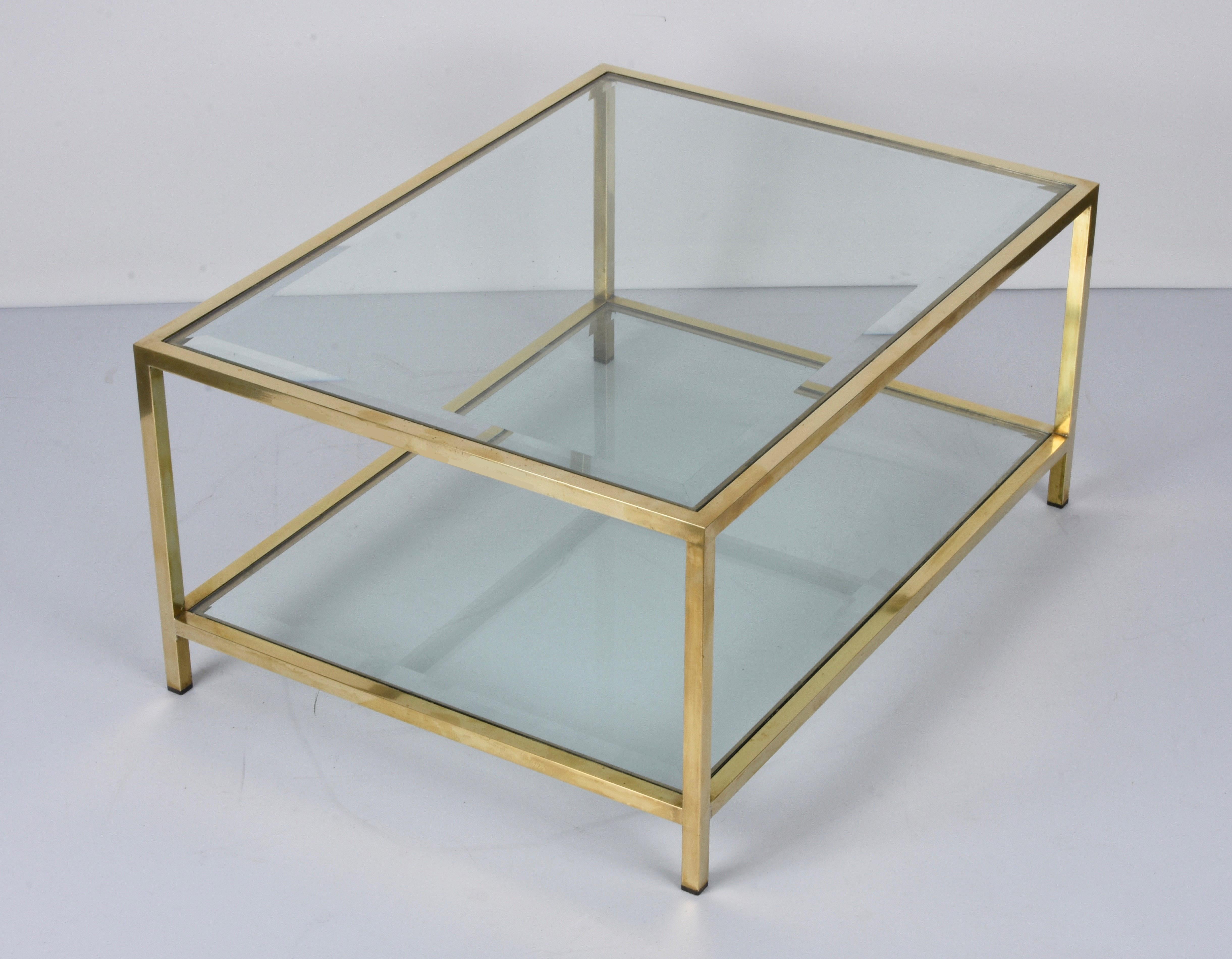 MidCentury Brass and Glass Italian Double-Tiered Rectangular Coffee Table, 1970s For Sale 9