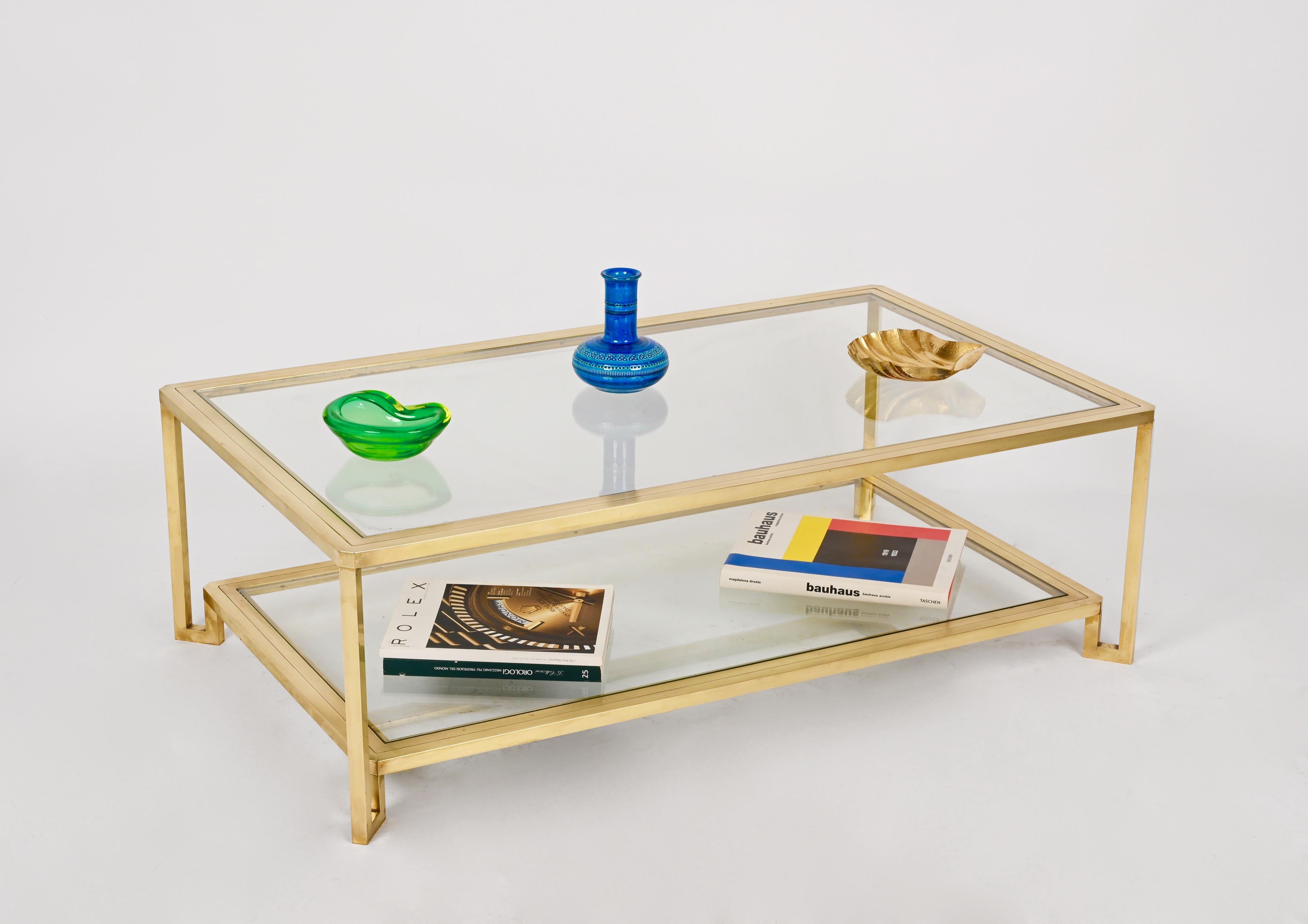 Midcentury Brass and Glass Italian Double-Tiered Rectangular Coffee Table, 1970s 9