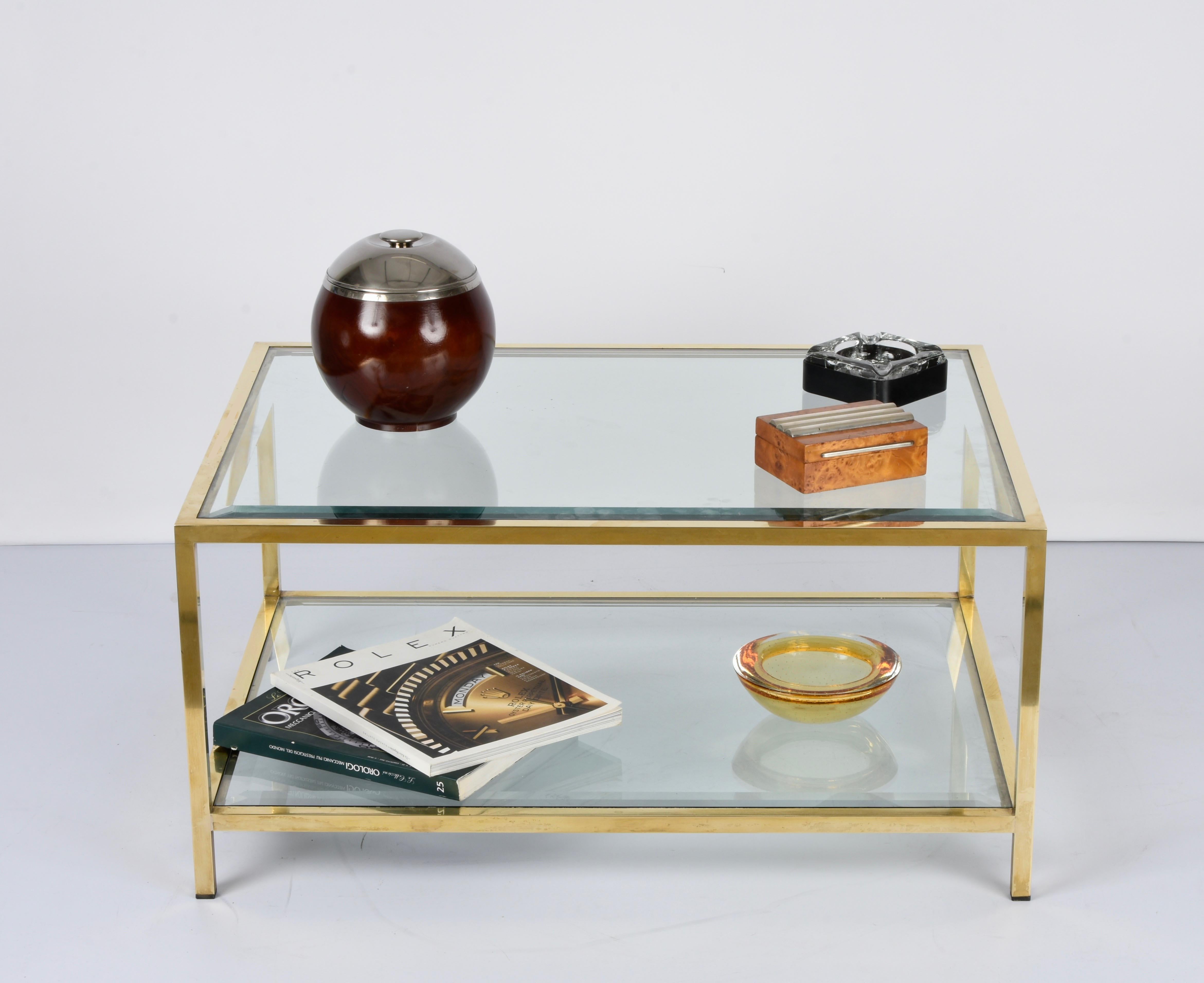 MidCentury Brass and Glass Italian Double-Tiered Rectangular Coffee Table, 1970s For Sale 10