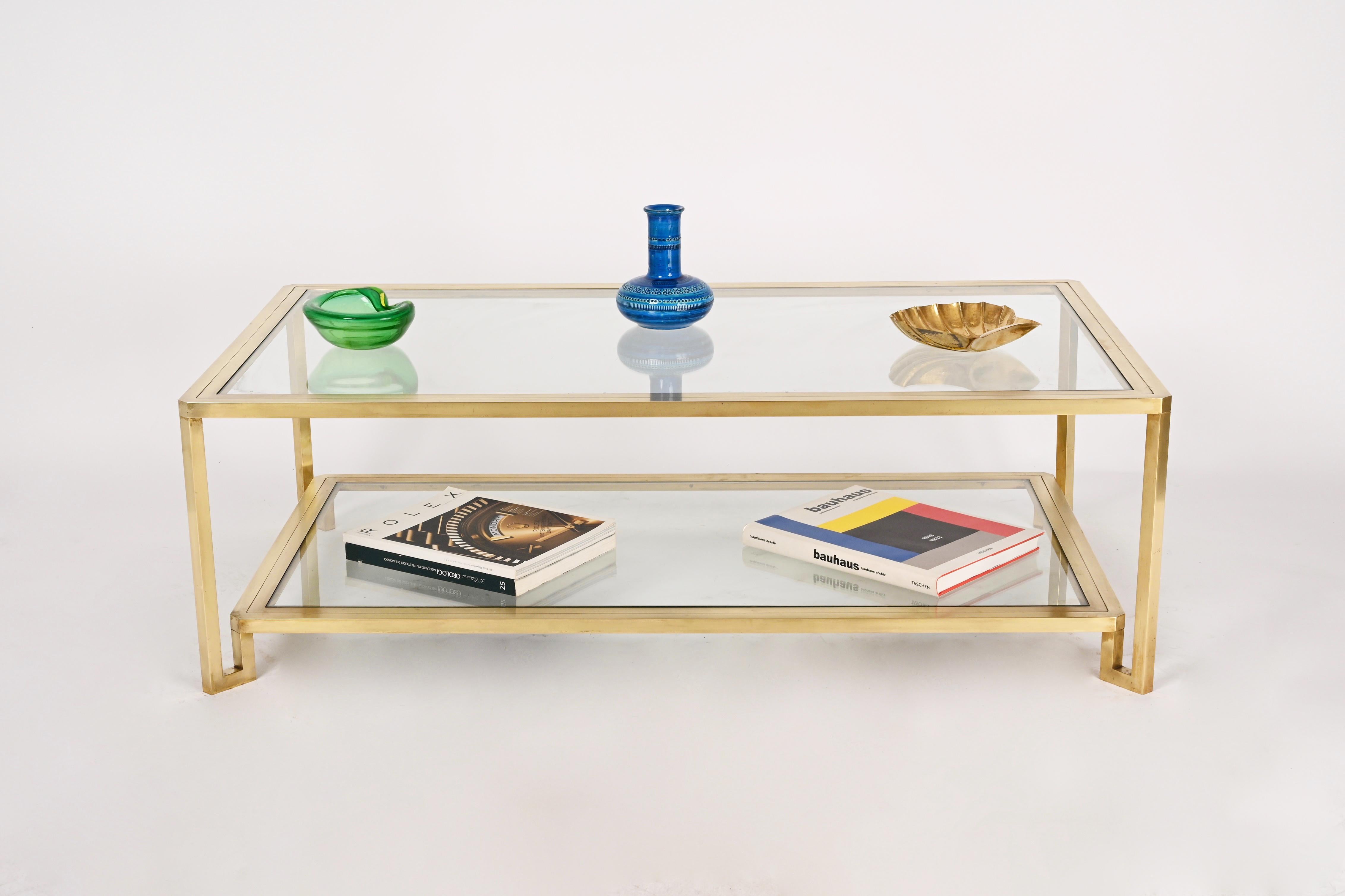 Midcentury Brass and Glass Italian Double-Tiered Rectangular Coffee Table, 1970s 10