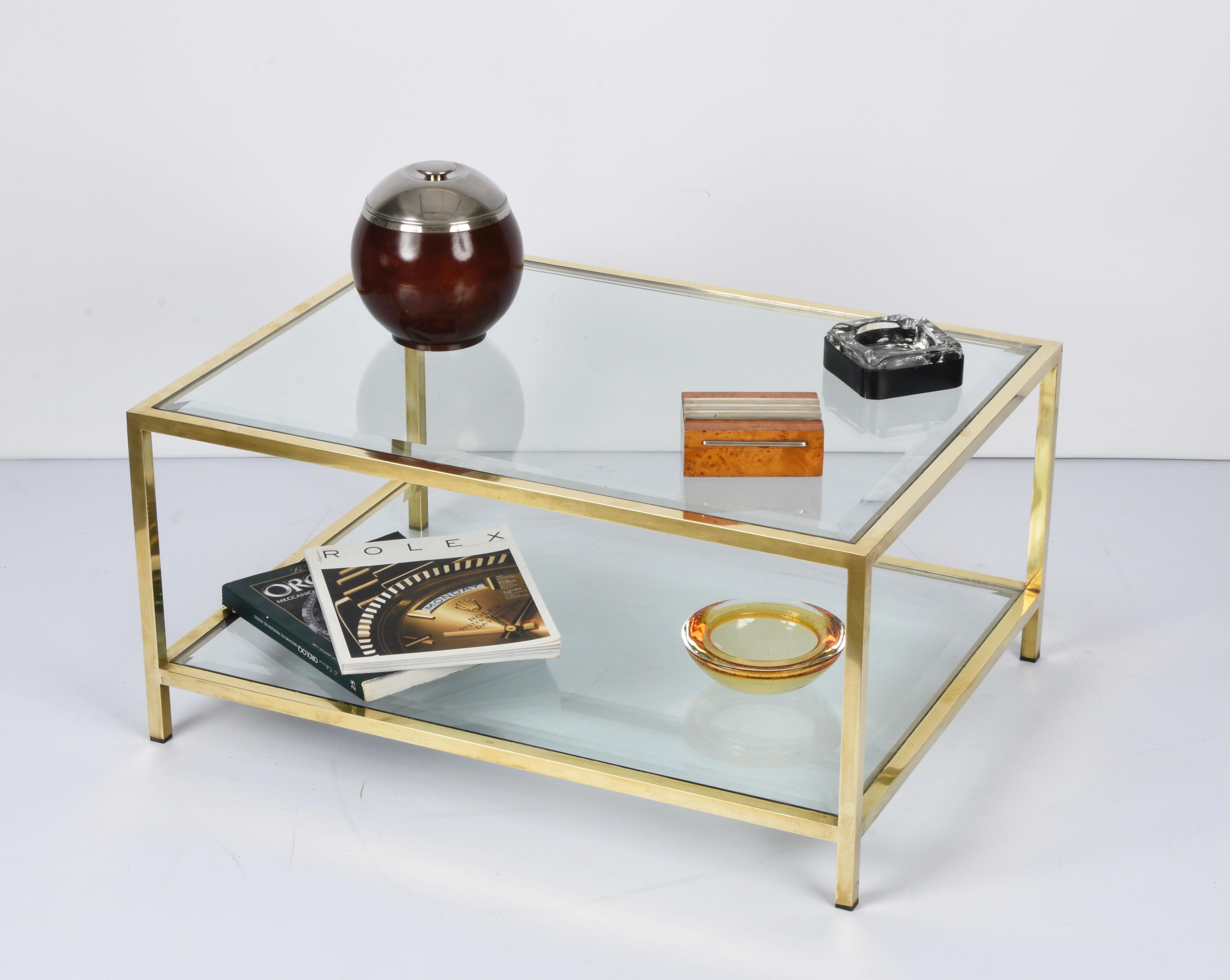 MidCentury Brass and Glass Italian Double-Tiered Rectangular Coffee Table, 1970s For Sale 14