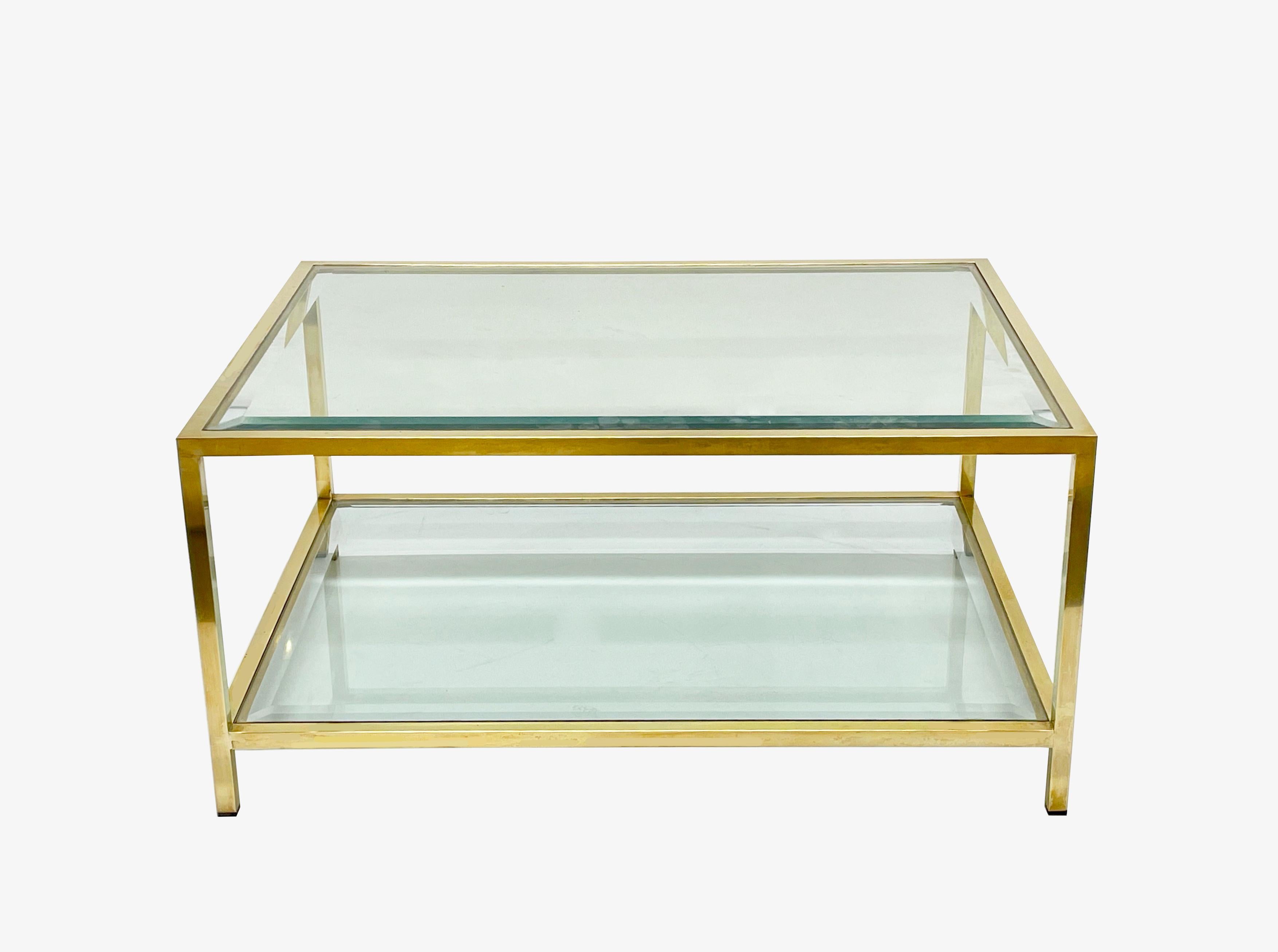 Mid-Century Modern MidCentury Brass and Glass Italian Double-Tiered Rectangular Coffee Table, 1970s For Sale