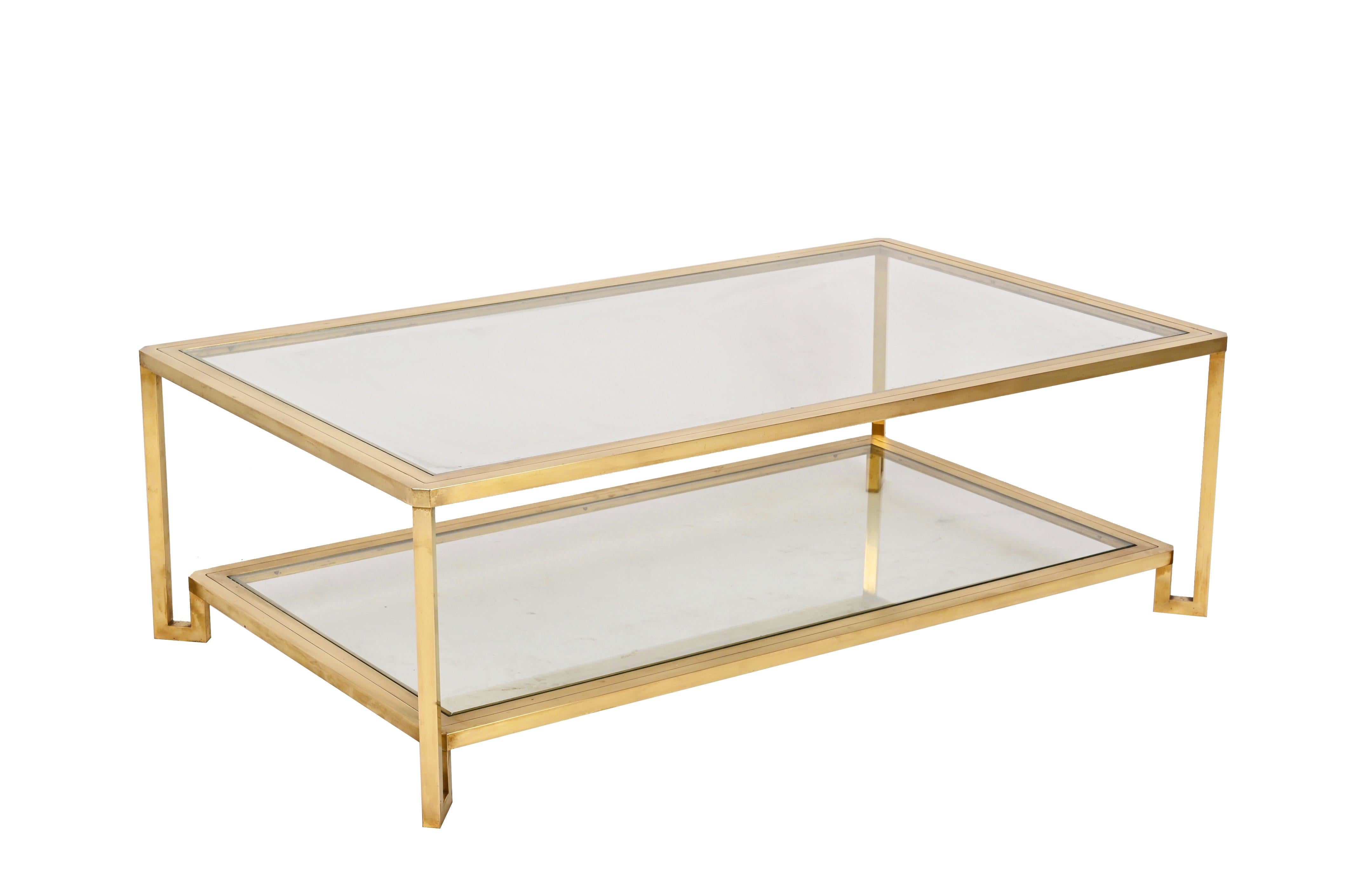 Mid-Century Modern Midcentury Brass and Glass Italian Double-Tiered Rectangular Coffee Table, 1970s