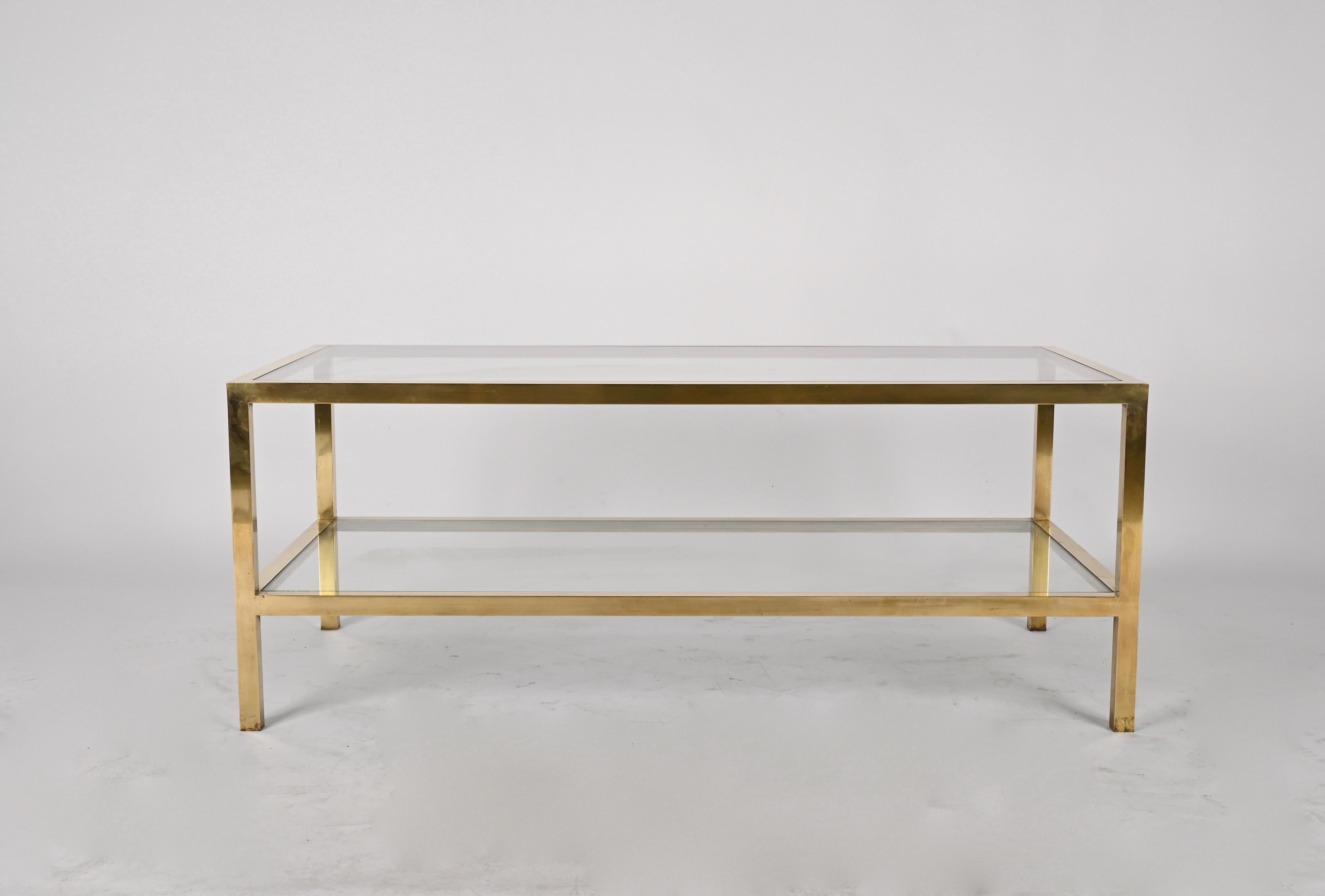 Late 20th Century MidCentury Brass and Glass Italian Double-Tiered Rectangular Coffee Table, 1970s
