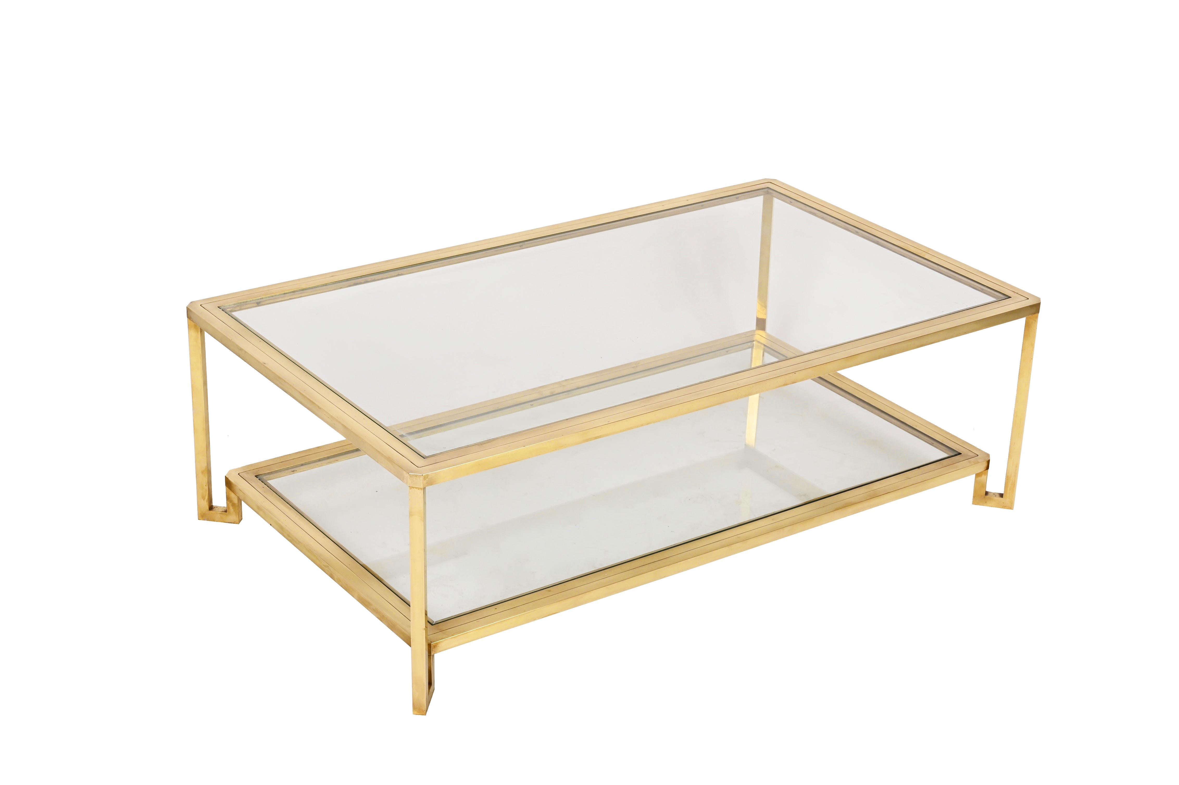 Late 20th Century Midcentury Brass and Glass Italian Double-Tiered Rectangular Coffee Table, 1970s