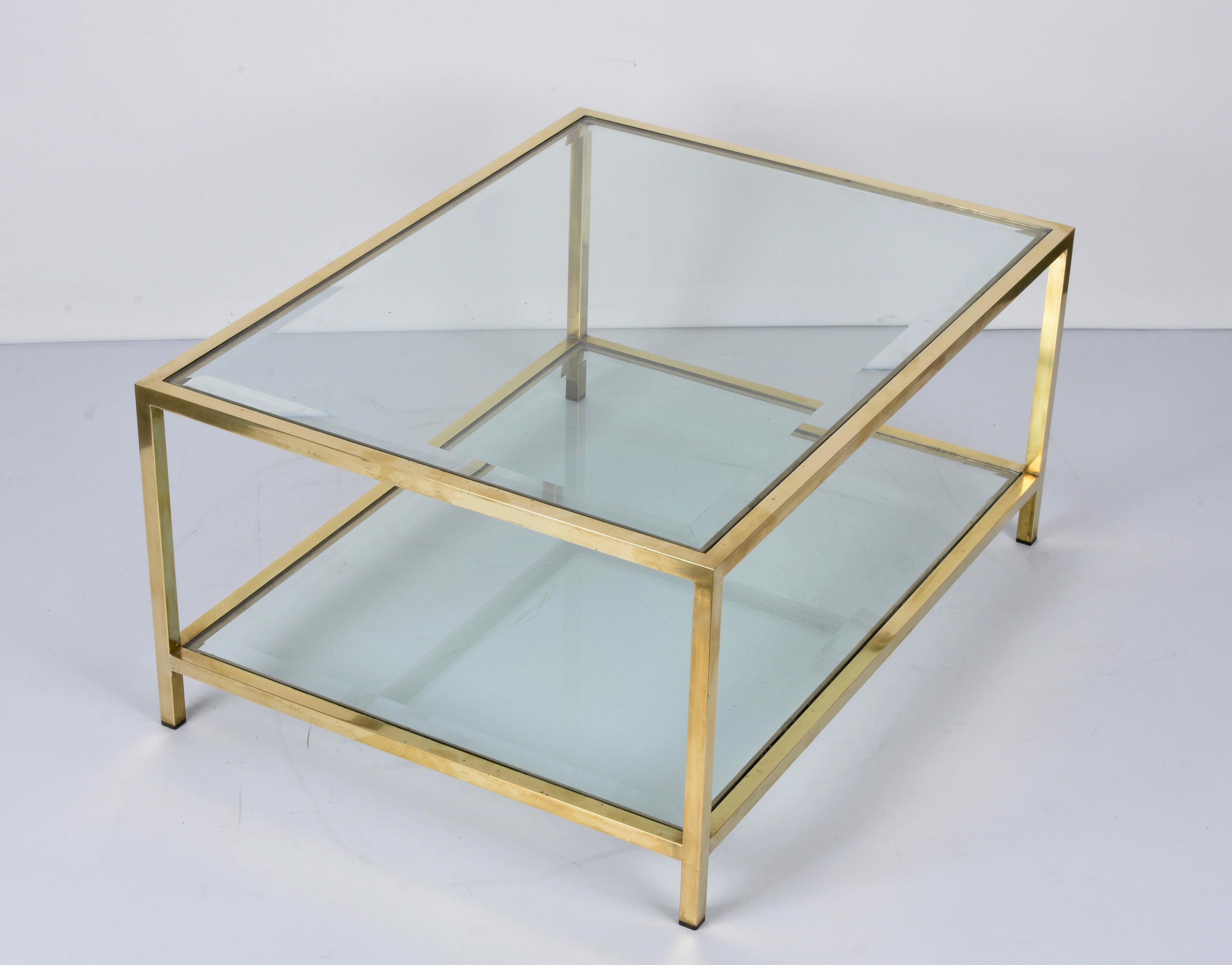MidCentury Brass and Glass Italian Double-Tiered Rectangular Coffee Table, 1970s For Sale 1