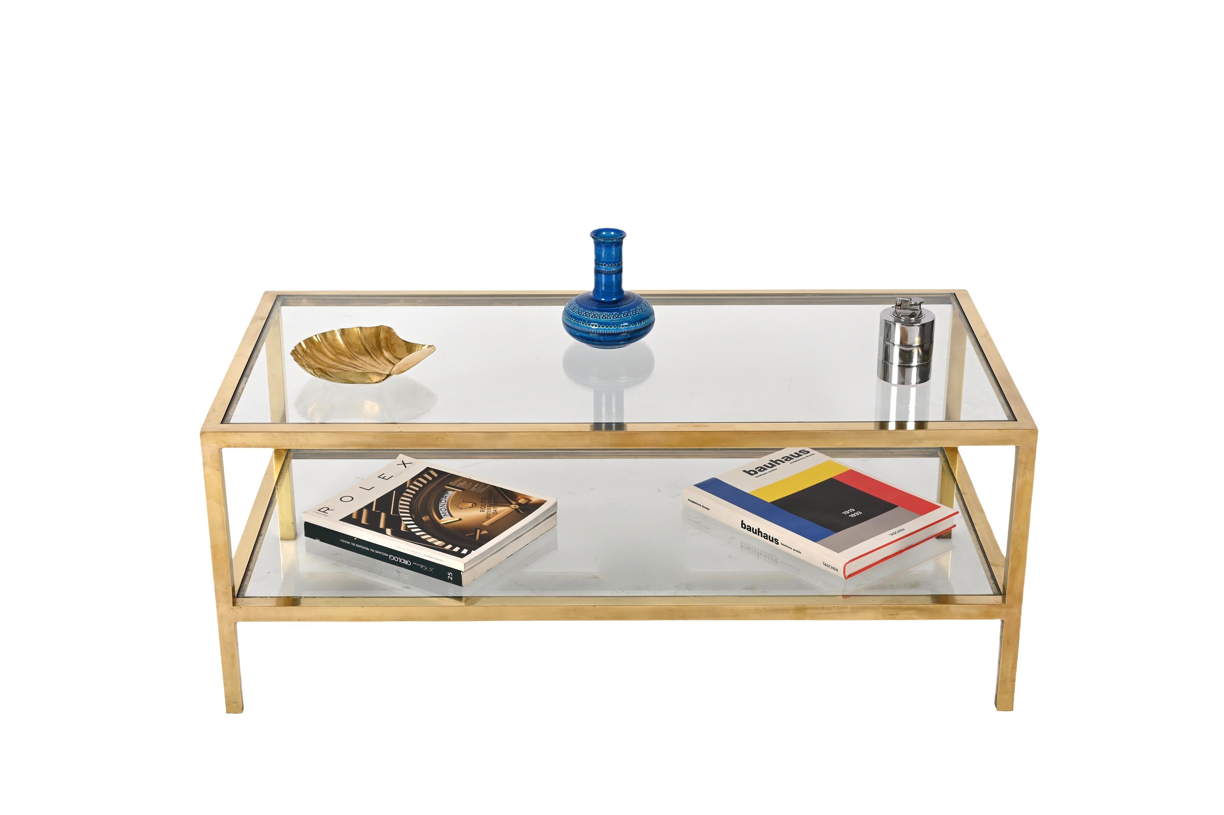 MidCentury Brass and Glass Italian Double-Tiered Rectangular Coffee Table, 1970s 2