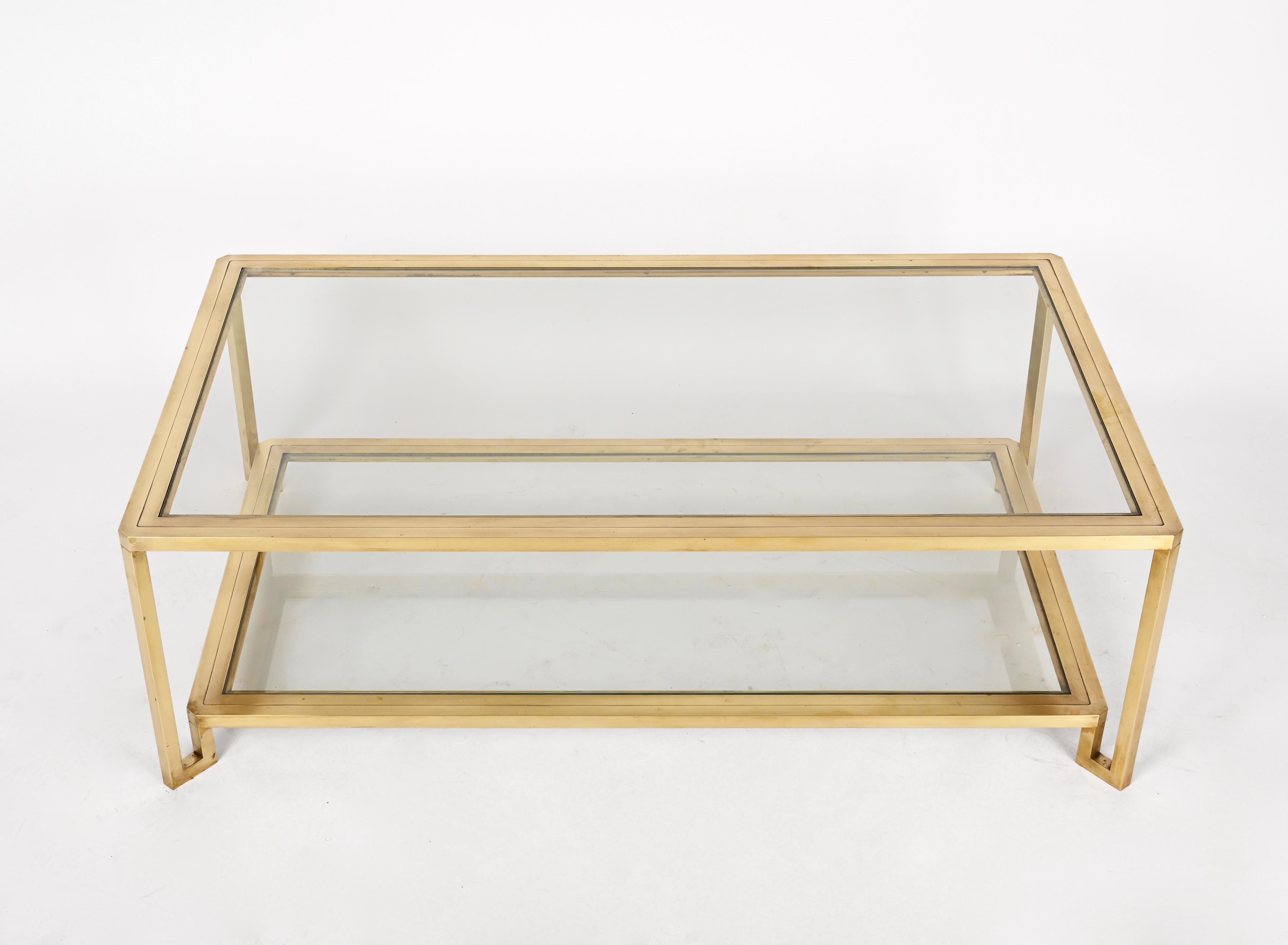Midcentury Brass and Glass Italian Double-Tiered Rectangular Coffee Table, 1970s 2