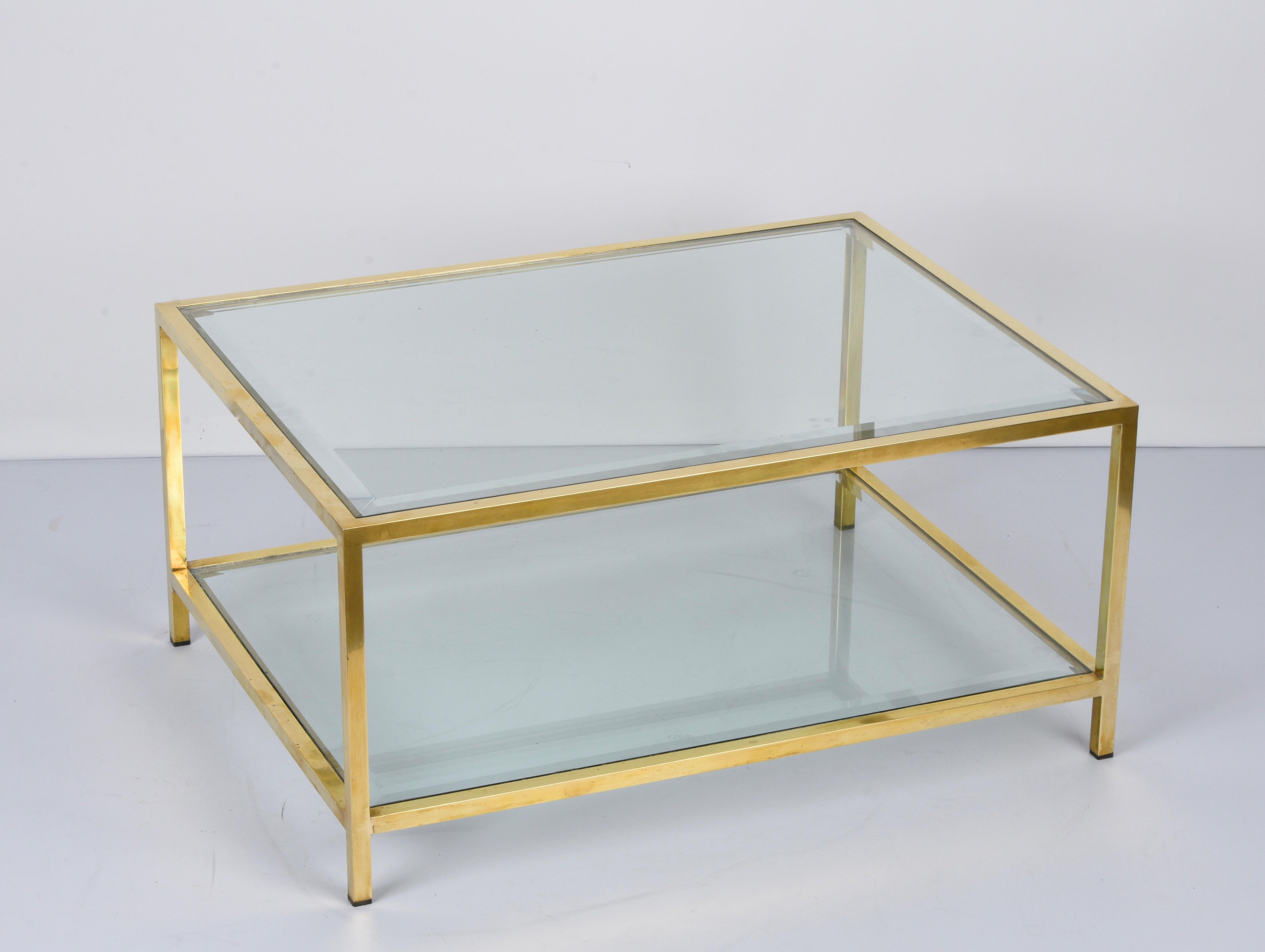 MidCentury Brass and Glass Italian Double-Tiered Rectangular Coffee Table, 1970s For Sale 3
