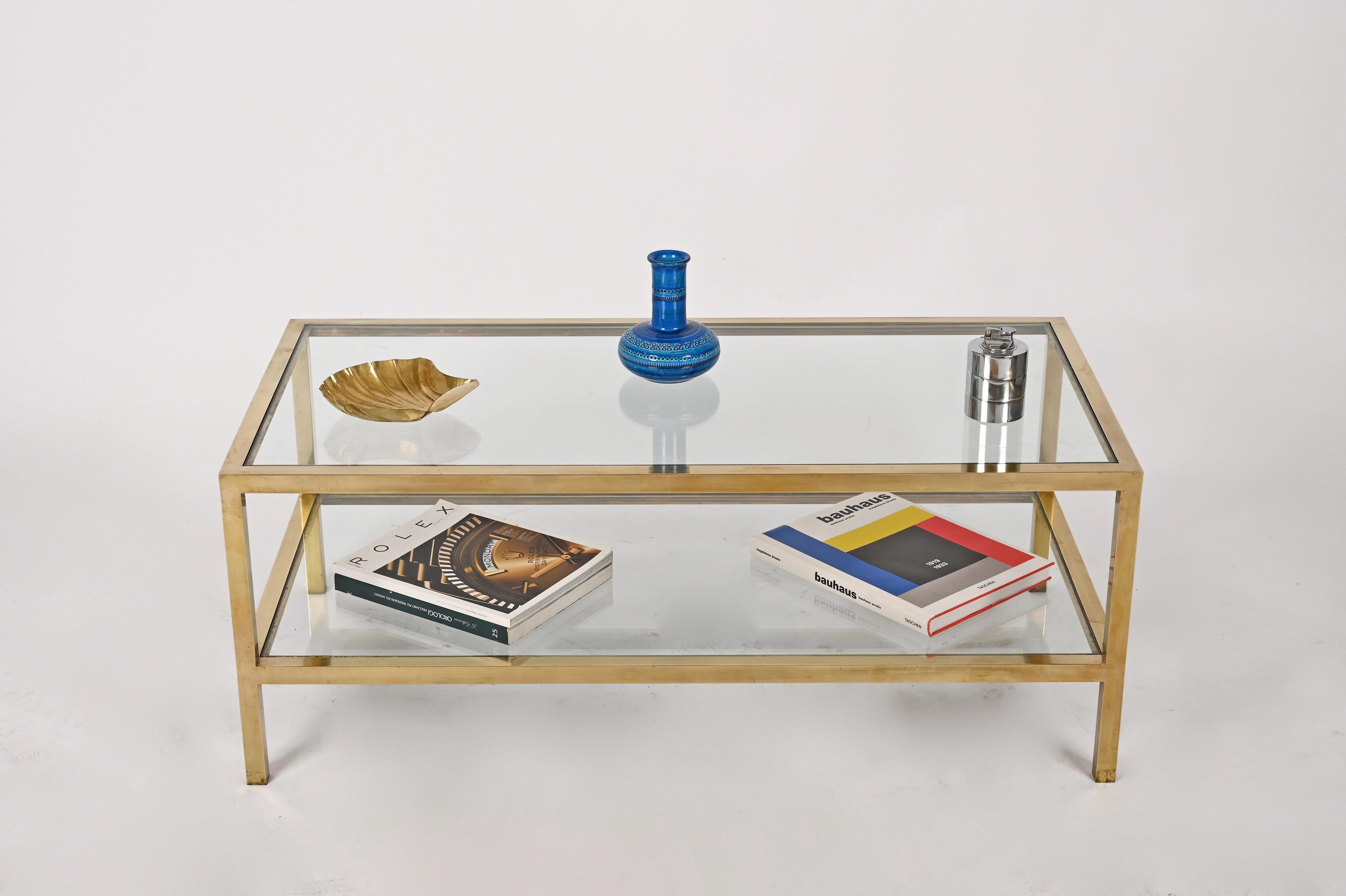 MidCentury Brass and Glass Italian Double-Tiered Rectangular Coffee Table, 1970s 4