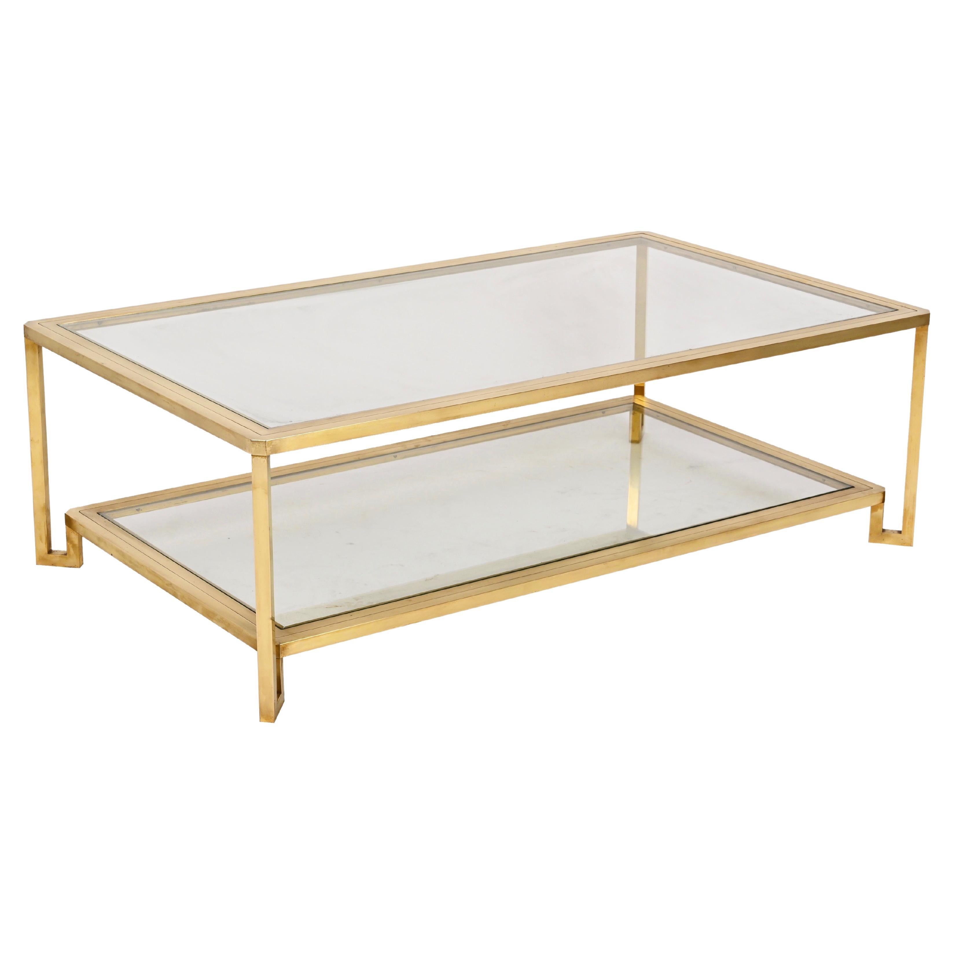 Midcentury Brass and Glass Italian Double-Tiered Rectangular Coffee Table, 1970s