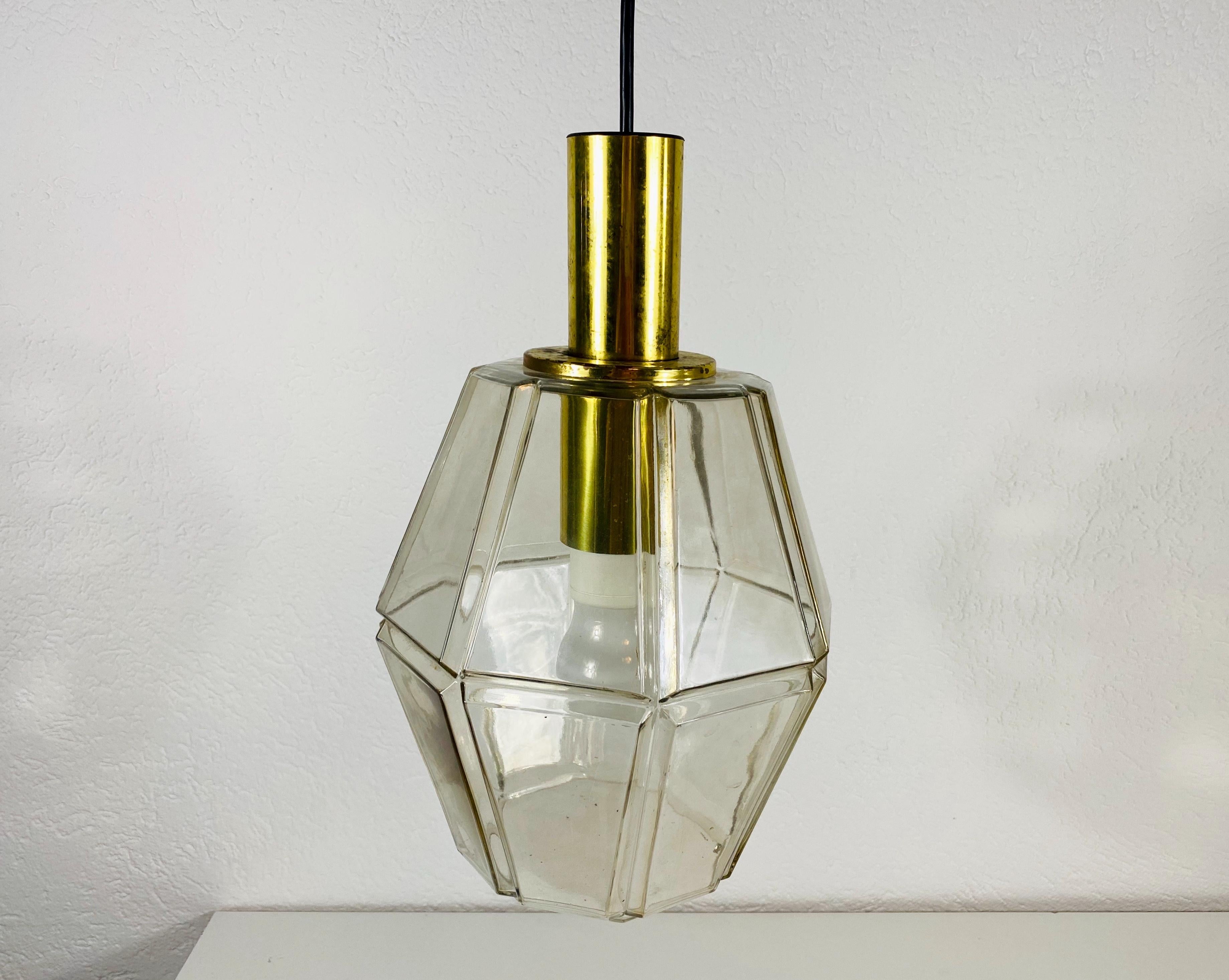 German Midcentury Brass and Glass Pendant Lamp by Glashütte Limburg, 1960s For Sale