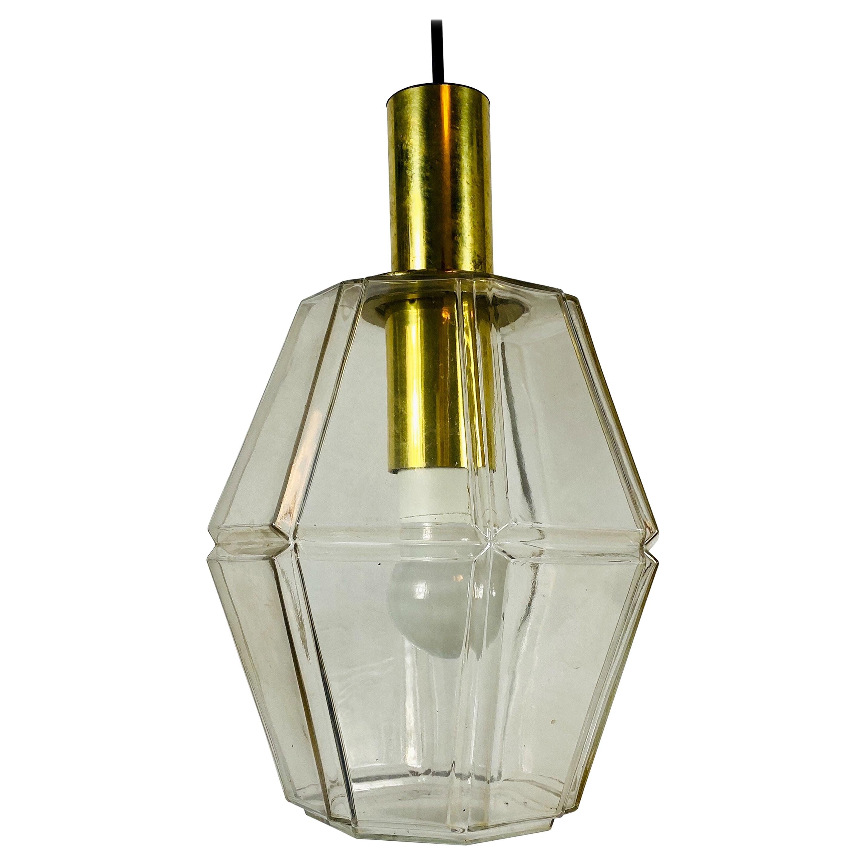 Midcentury Brass and Glass Pendant Lamp by Glashütte Limburg, 1960s For Sale