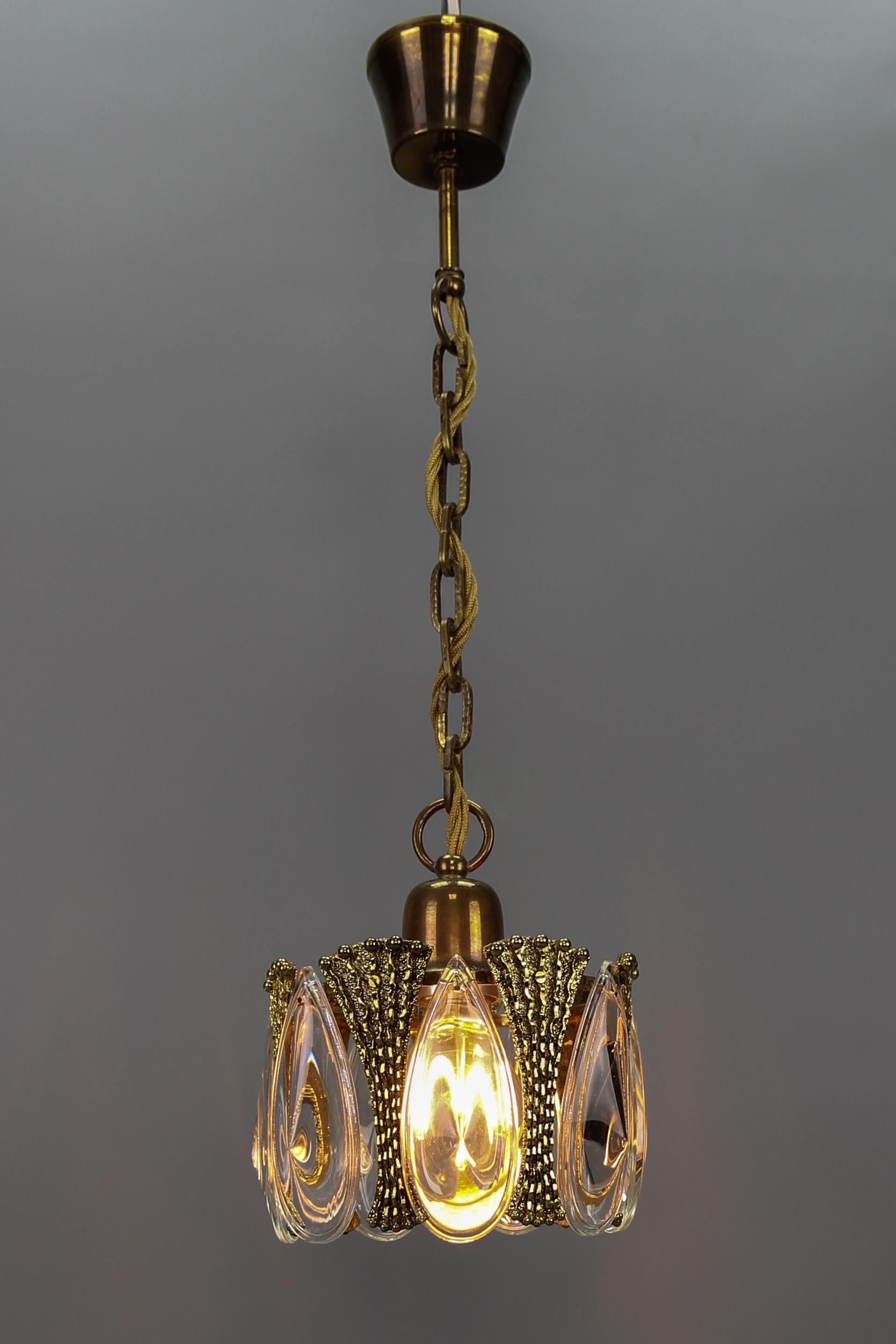 Brutalist Midcentury Brass and Glass Pendant Light, 1970s