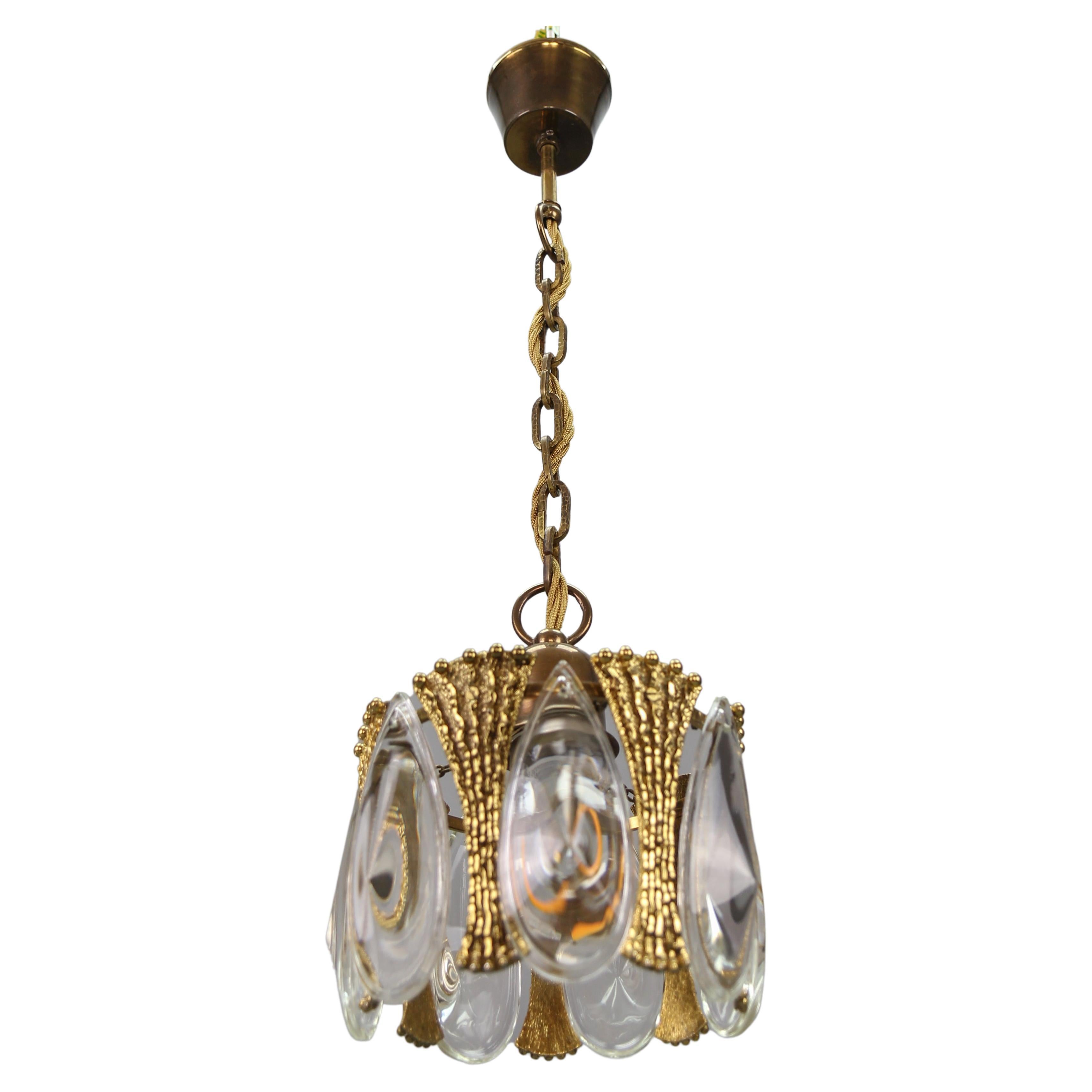 Midcentury Brass and Glass Pendant Light, 1970s