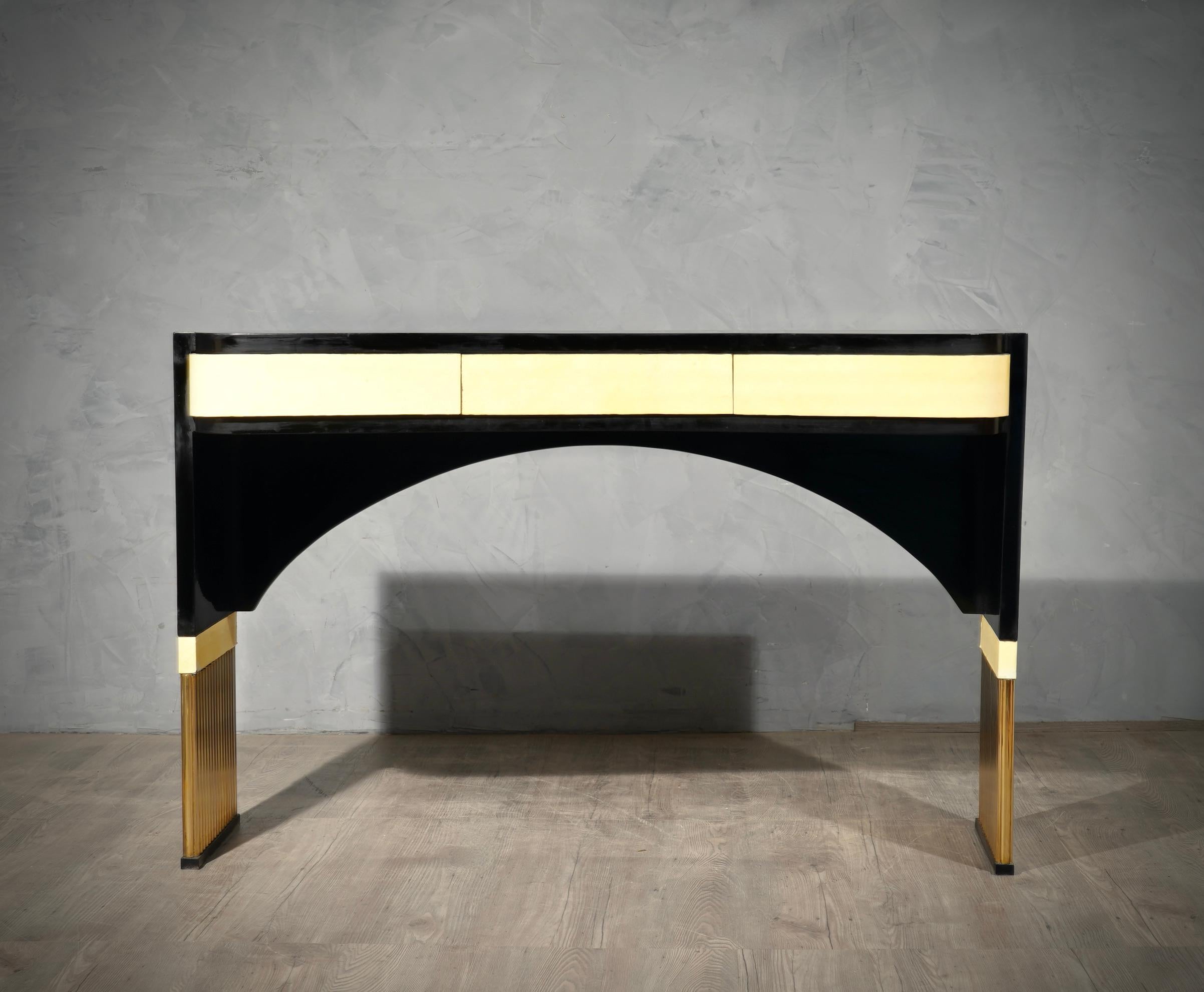 Mid-Century Modern MidCentury Brass and Goatskin Console Table, 1950