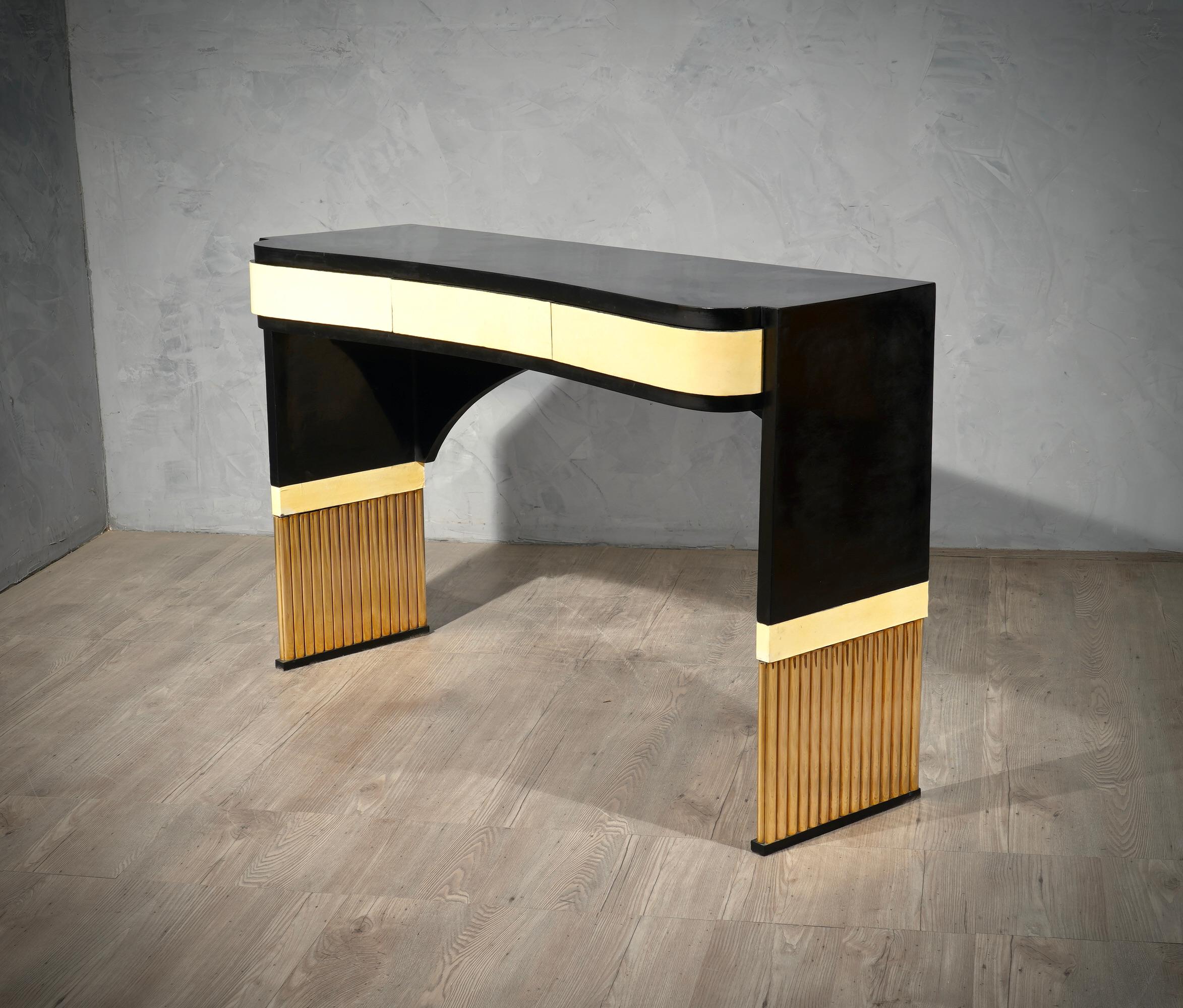 Mid-20th Century MidCentury Brass and Goatskin Console Table, 1950