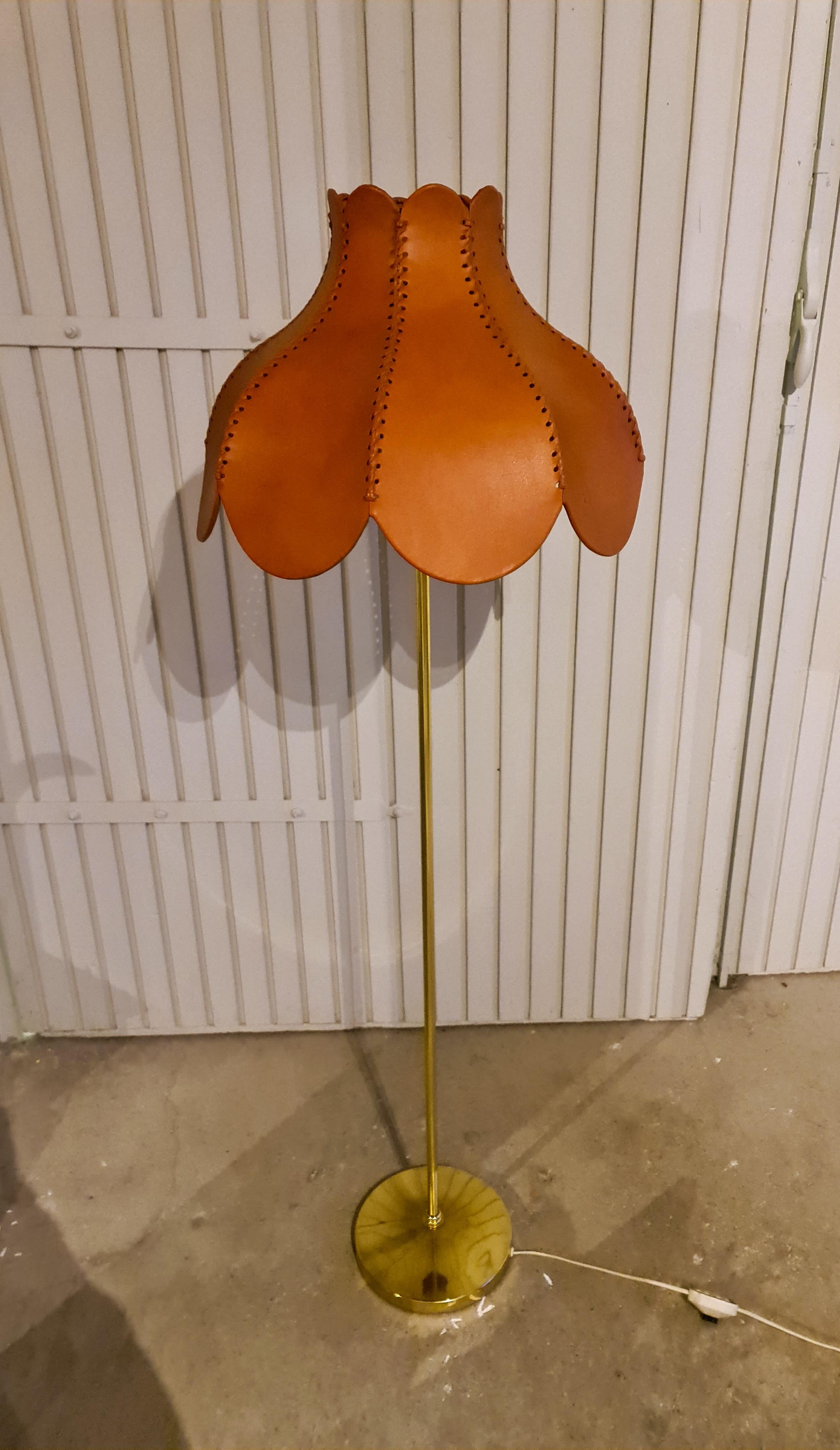 Swedish Midcentury Brass and Leather Floor Lamp by Hans-Agne Jakobsson, 1970s