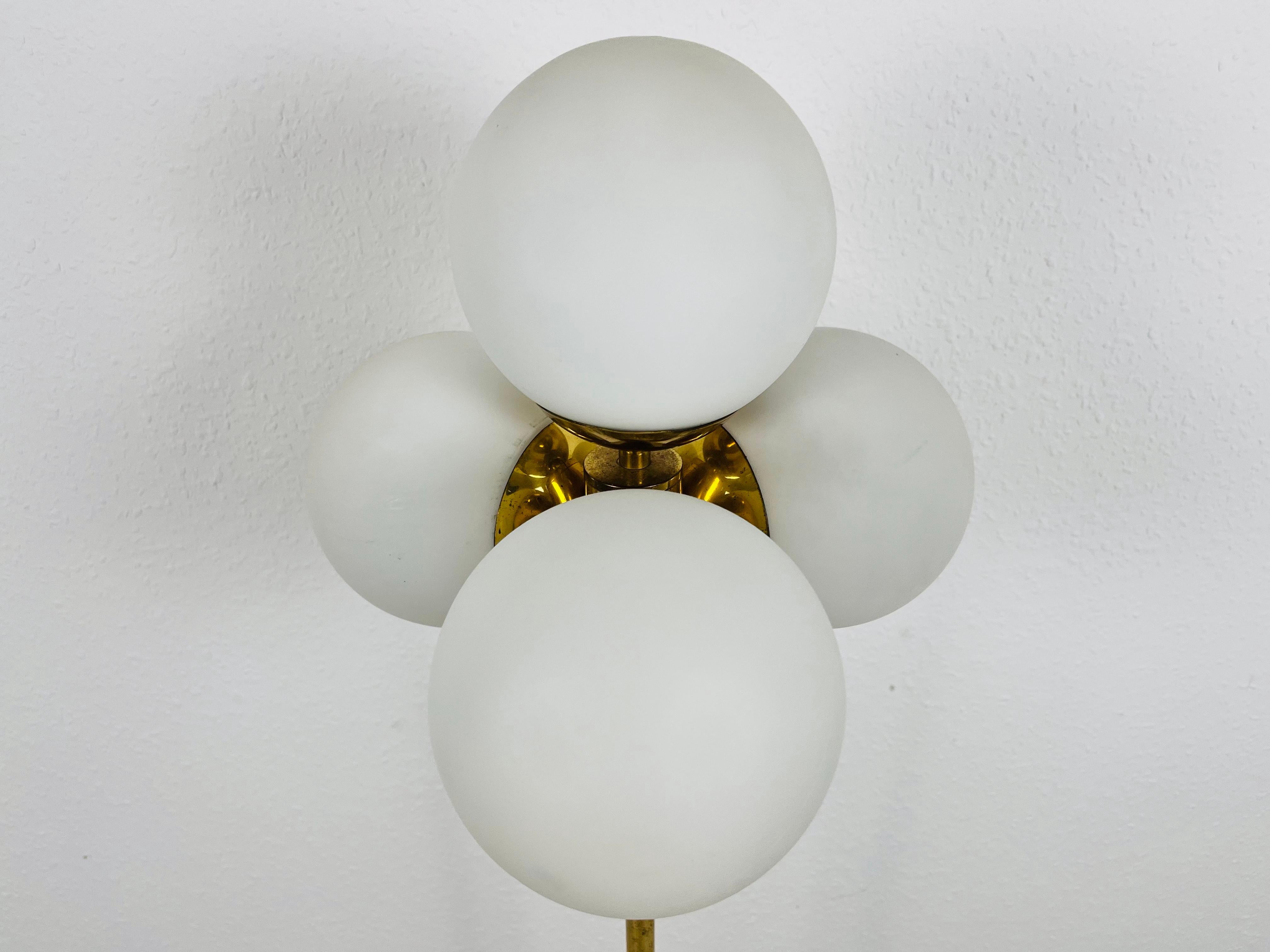 Mid-20th Century Midcentury Brass and Opaline Glass 4-Arm Floor Lamp by Kaiser, Germany, 1960s For Sale