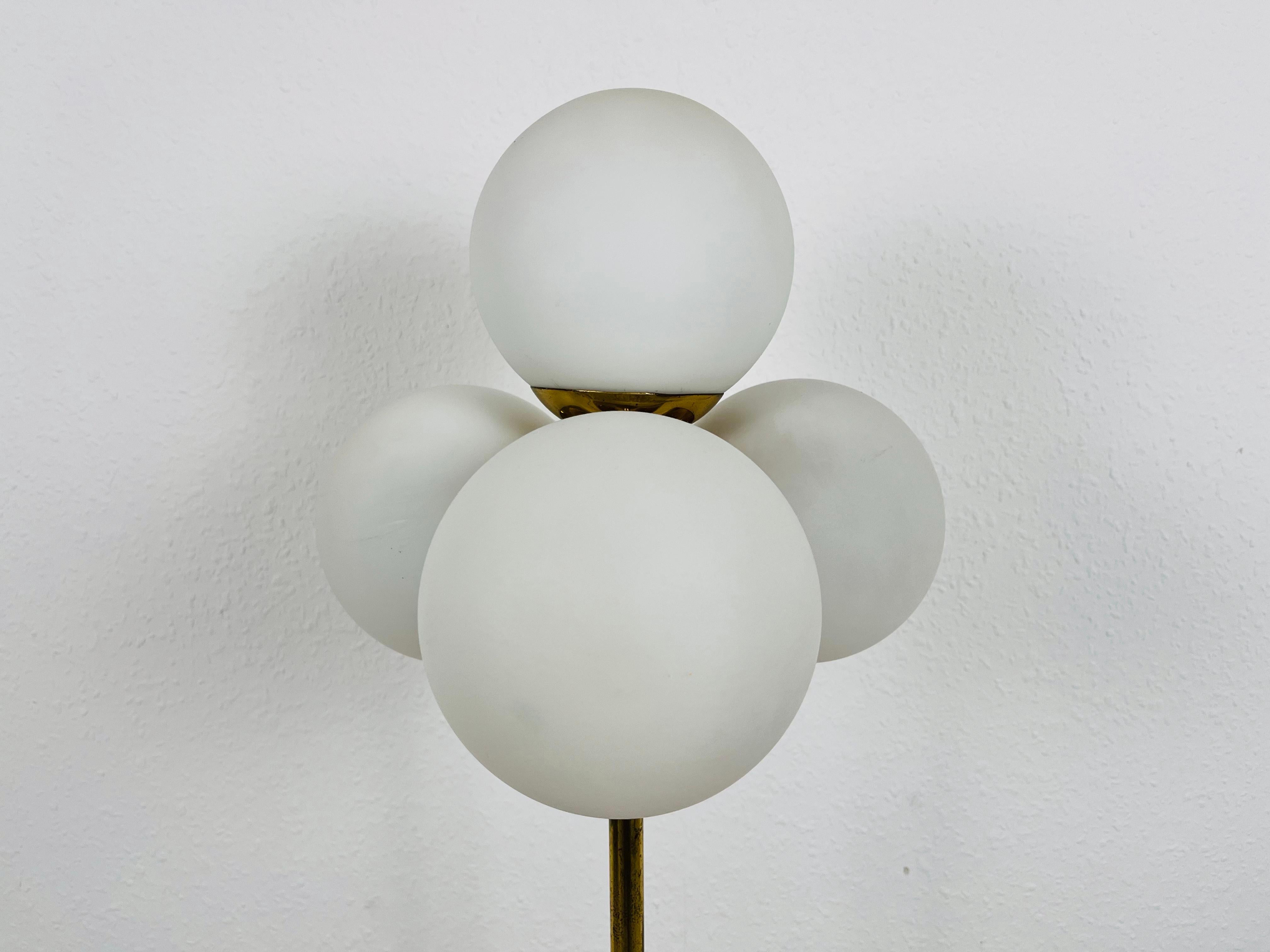 Metal Midcentury Brass and Opaline Glass 4-Arm Floor Lamp by Kaiser, Germany, 1960s For Sale