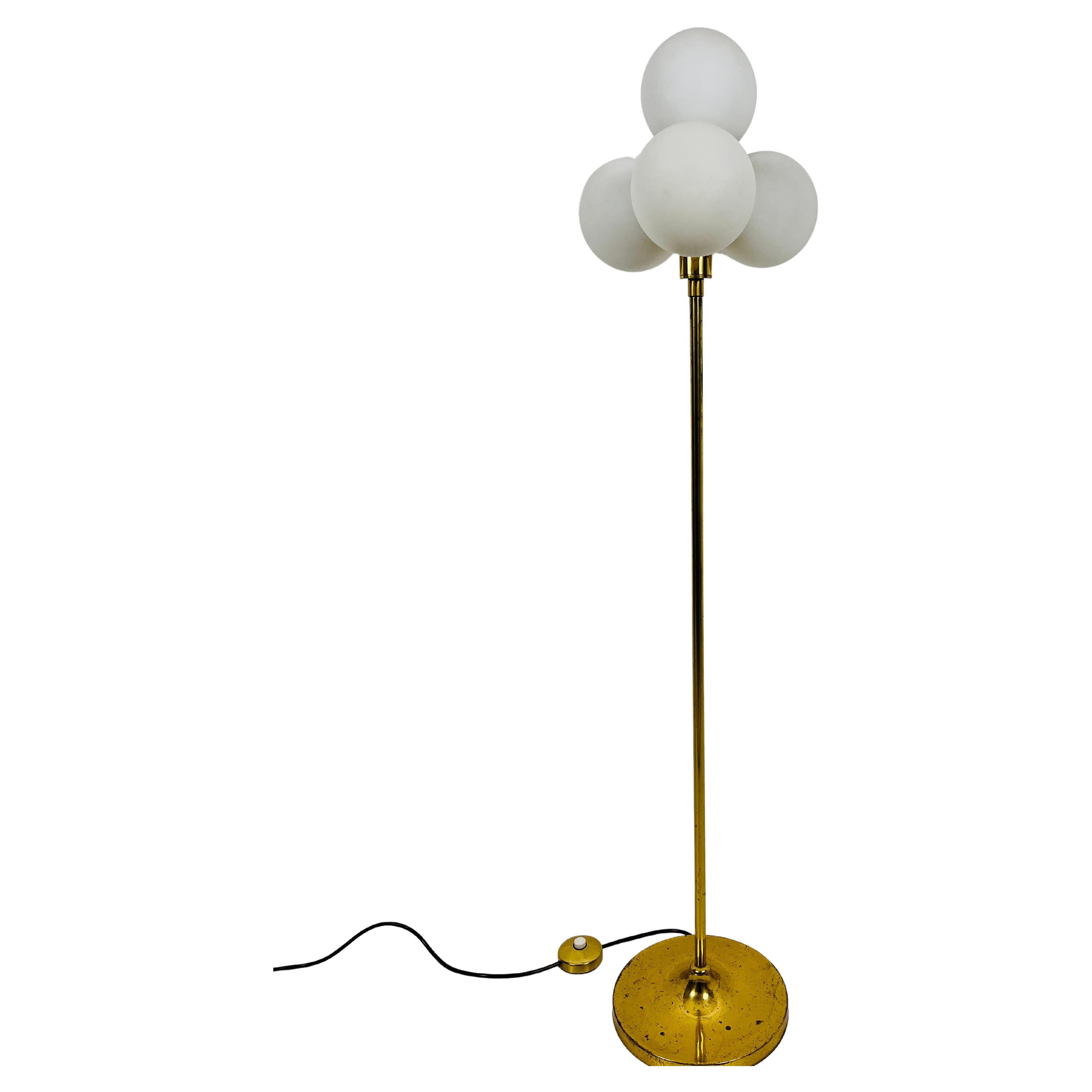 Midcentury Brass and Opaline Glass 4-Arm Floor Lamp by Kaiser, Germany, 1960s For Sale