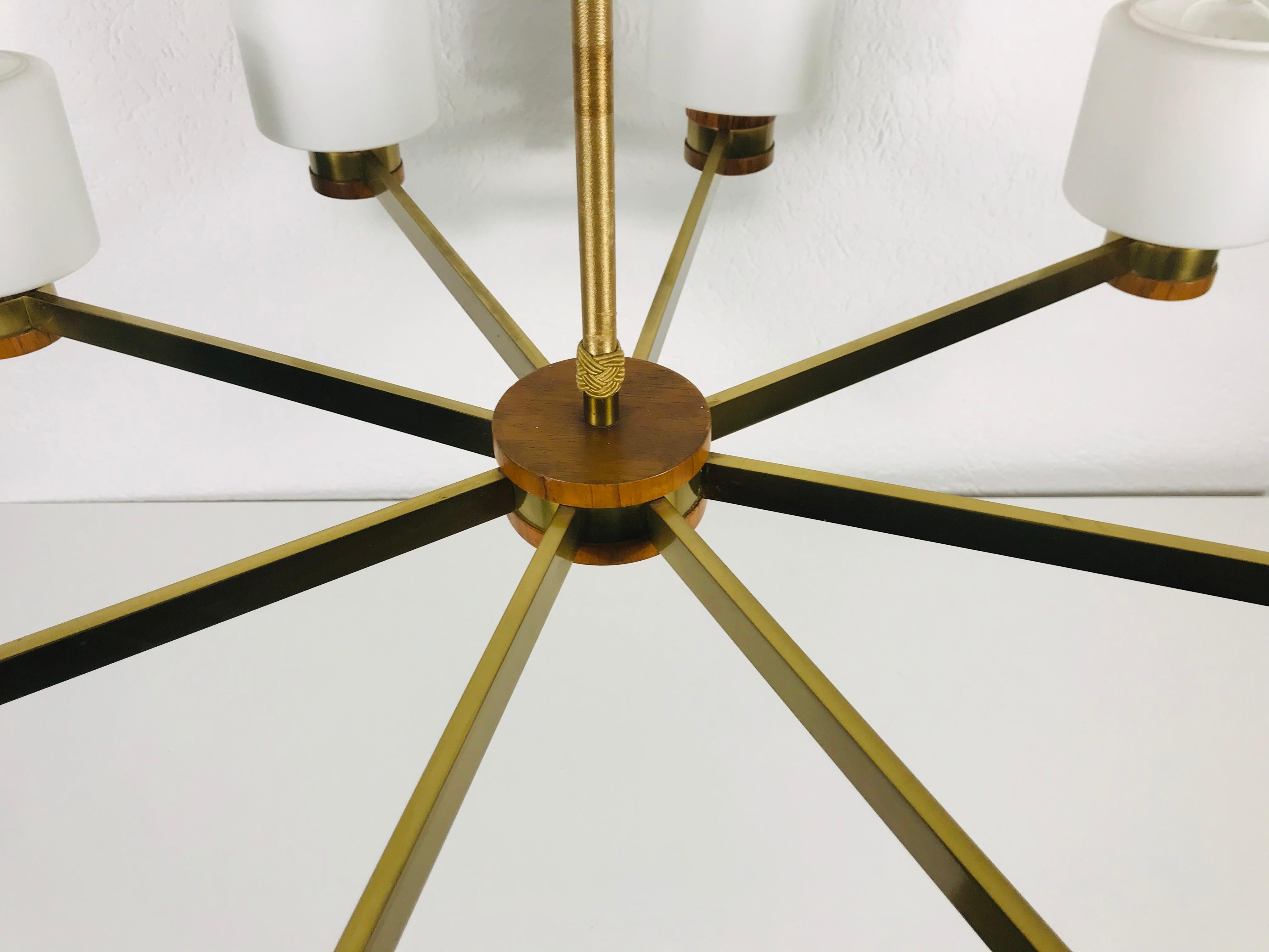 Midcentury Brass and Opaline Glass Chandelier by Kaiser, Germany, 1960s 4