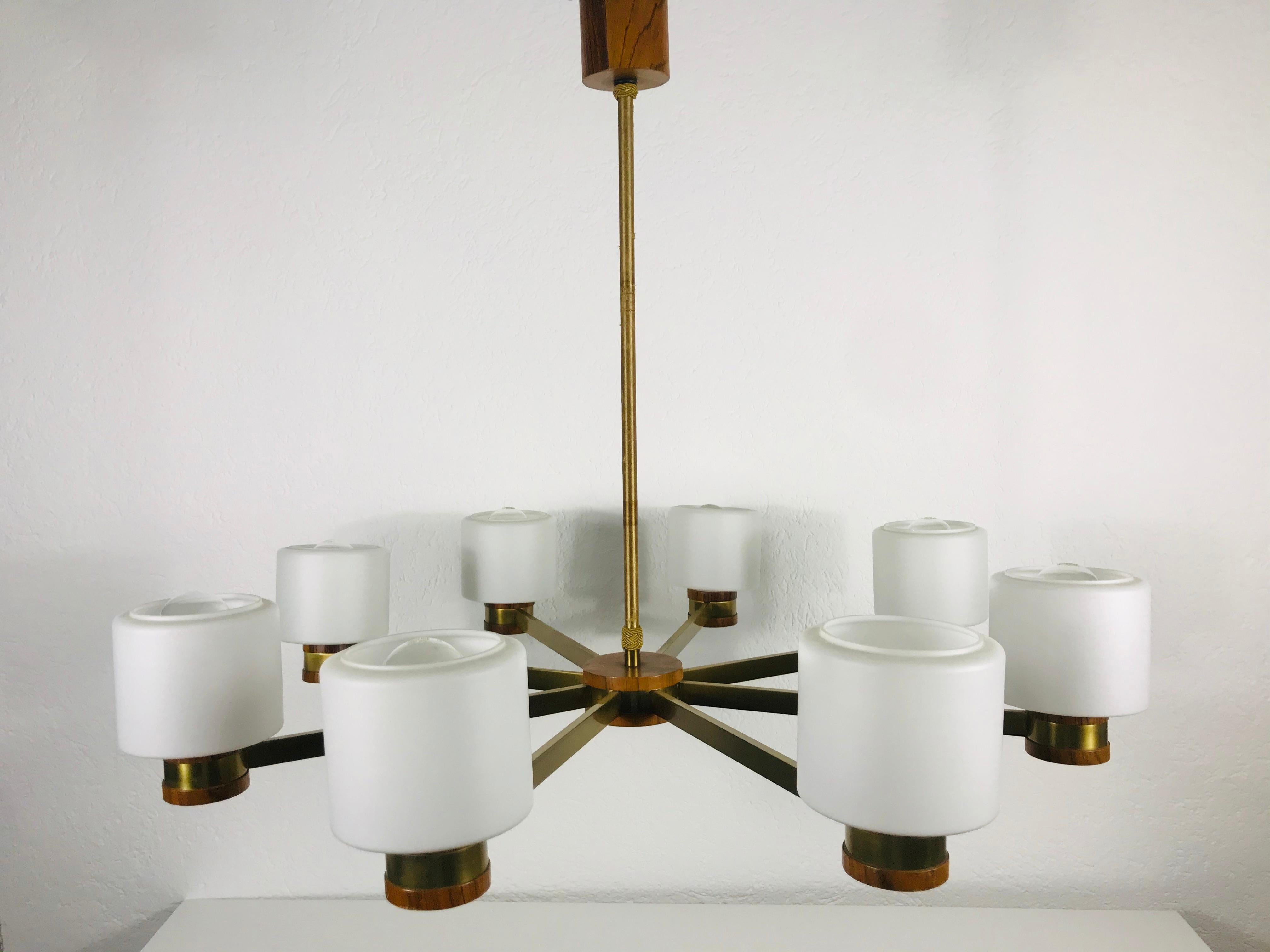 European Midcentury Brass and Opaline Glass Chandelier by Kaiser, Germany, 1960s