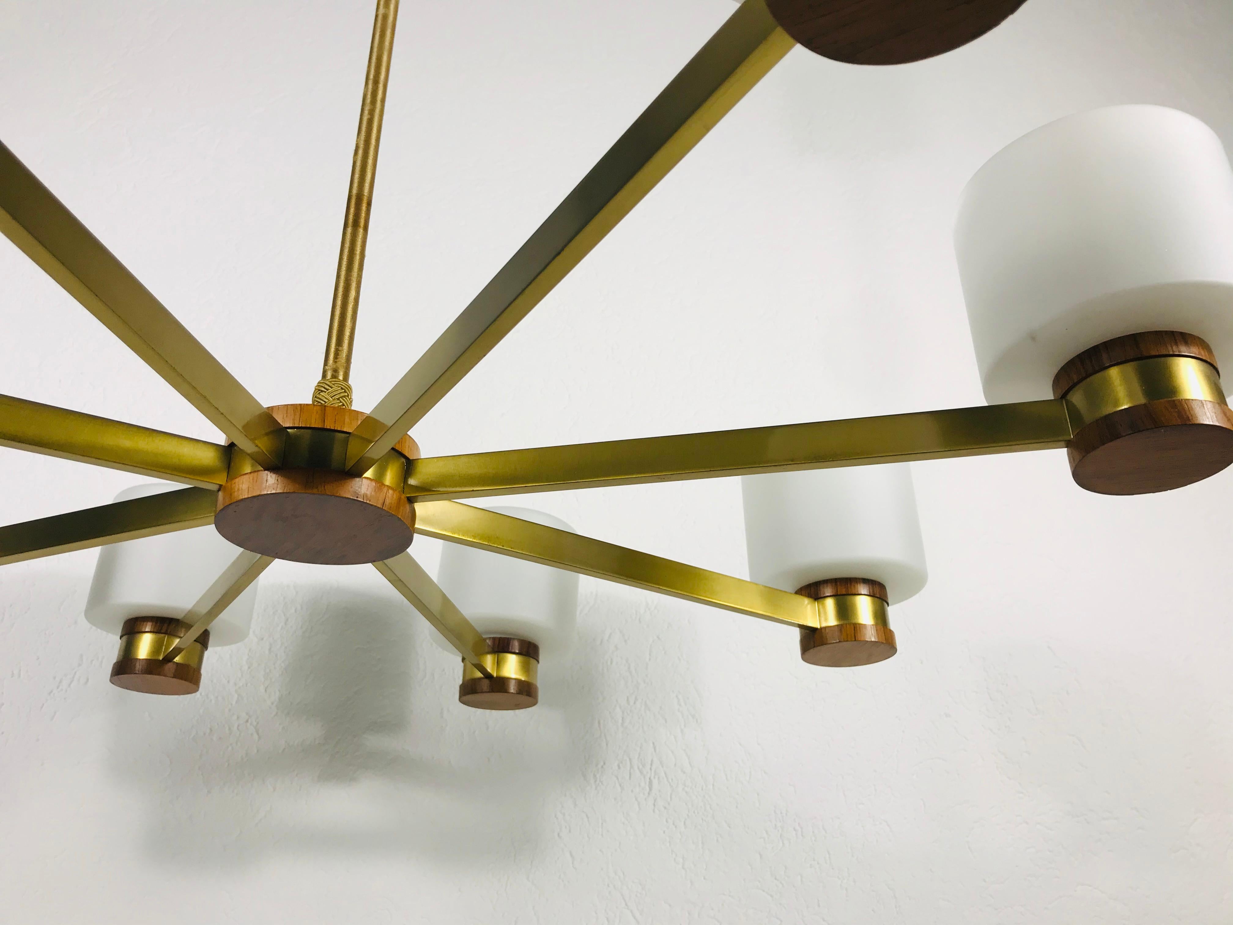 Midcentury Brass and Opaline Glass Chandelier by Kaiser, Germany, 1960s 1