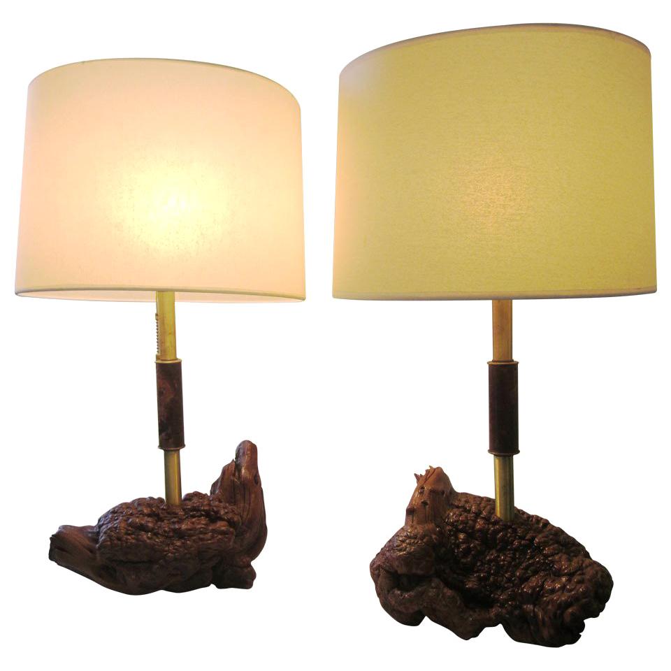 Midcentury Brass and Organic Burled Wood Lamps, Pair