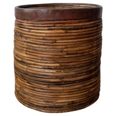 Midcentury Brass and Rattan Planter or Waste Basket