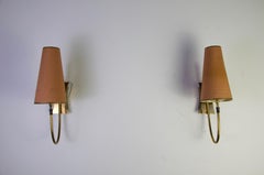 Midcentury Brass and Red Fabric Shade Wall Lamps by Rupert Nikoll, 1960s