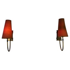 Midcentury Brass and Red Fabric Shade Wall Lamps by Rupert Nikoll, 1960s
