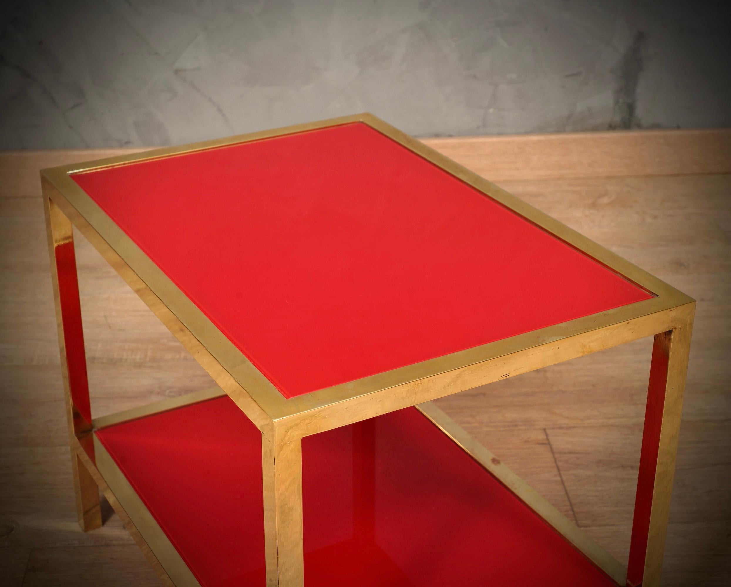 Mid-Century Modern MidCentury Brass and Red Glass Side Table, 1970 For Sale