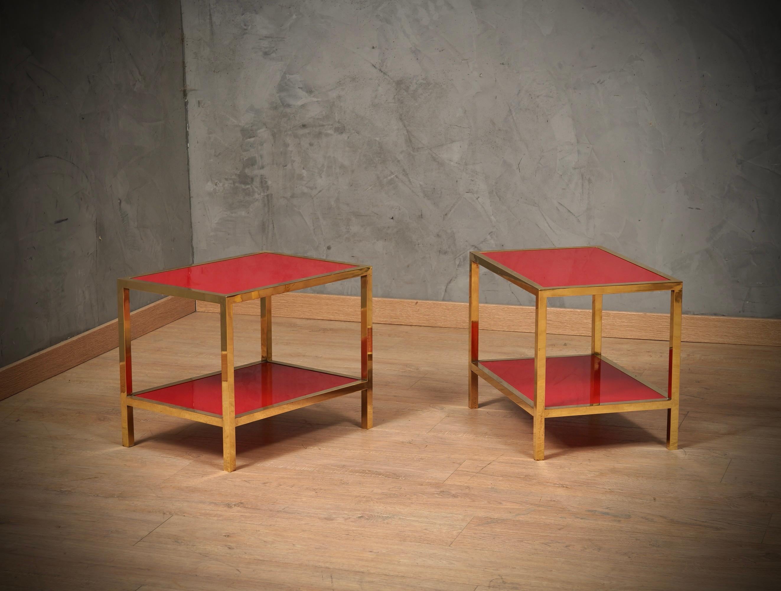 Italian MidCentury Brass and Red Glass Side Table, 1970 For Sale