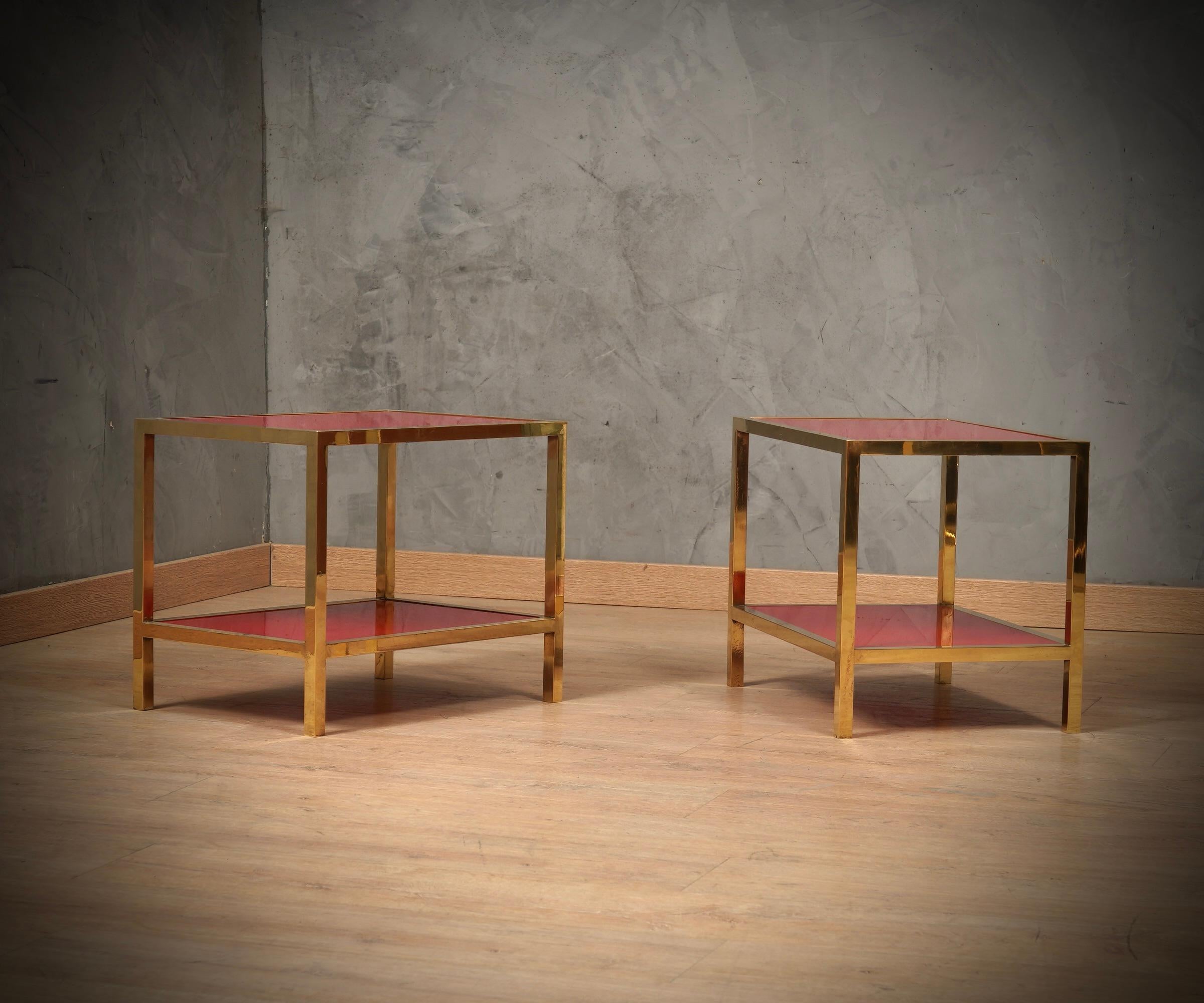 MidCentury Brass and Red Glass Side Table, 1970 For Sale 1