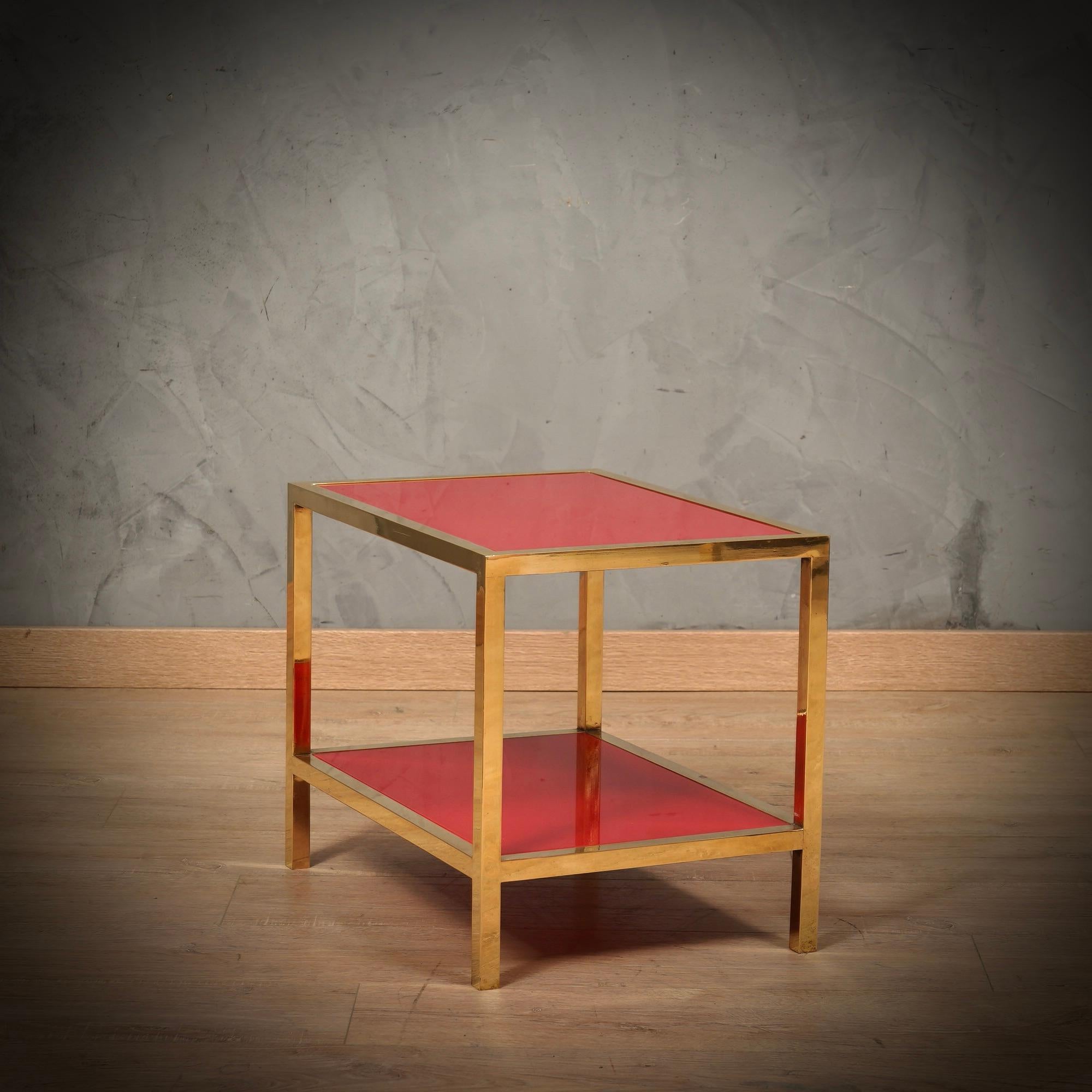 MidCentury Brass and Red Glass Side Table, 1970 For Sale 2