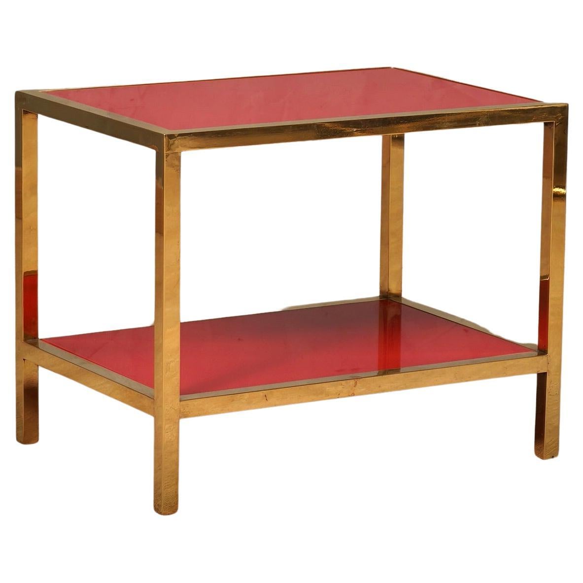 MidCentury Brass and Red Glass Side Table, 1970 For Sale