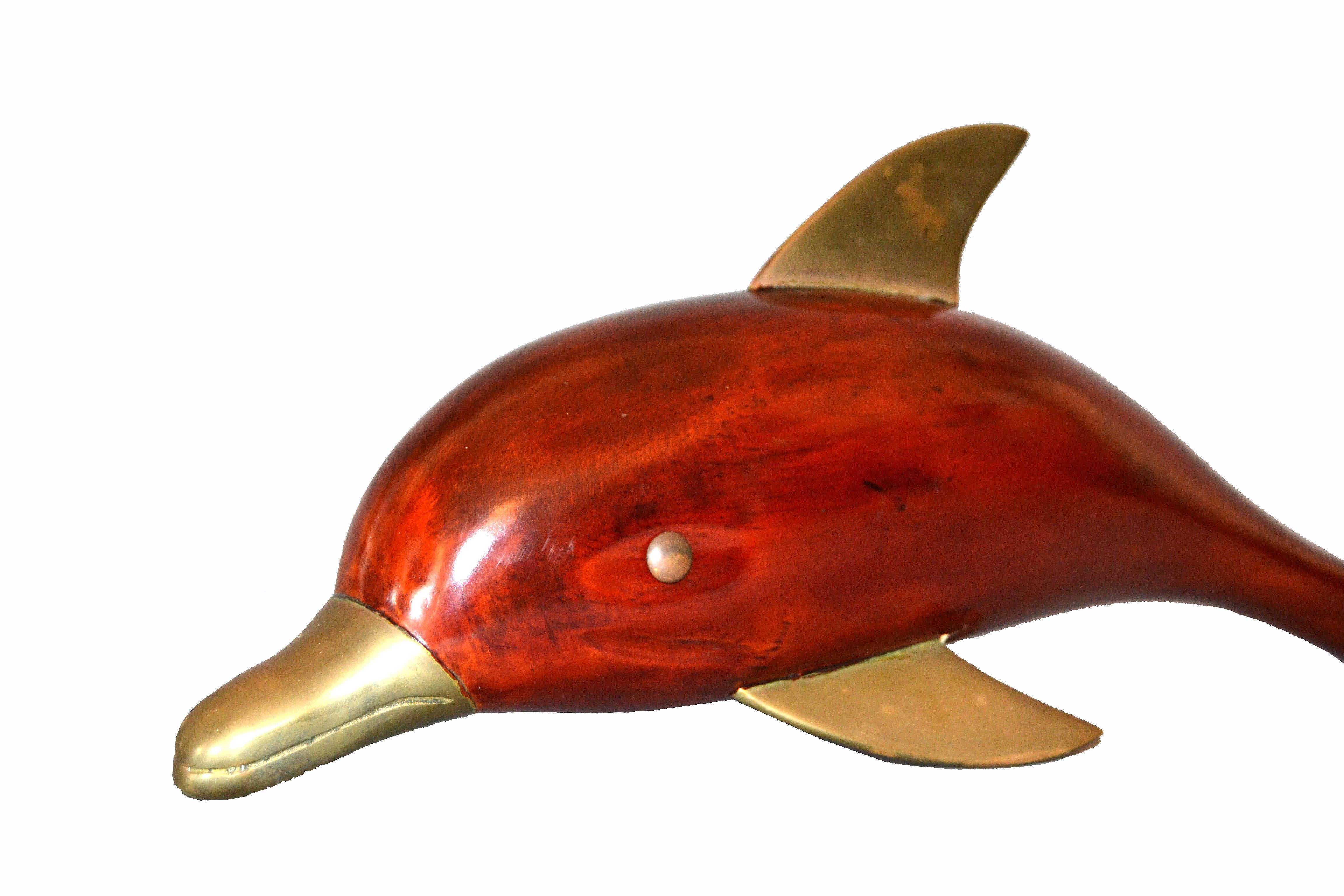 Mid-Century Modern Midcentury Brass and Rosewood Dolphin Sculpture
